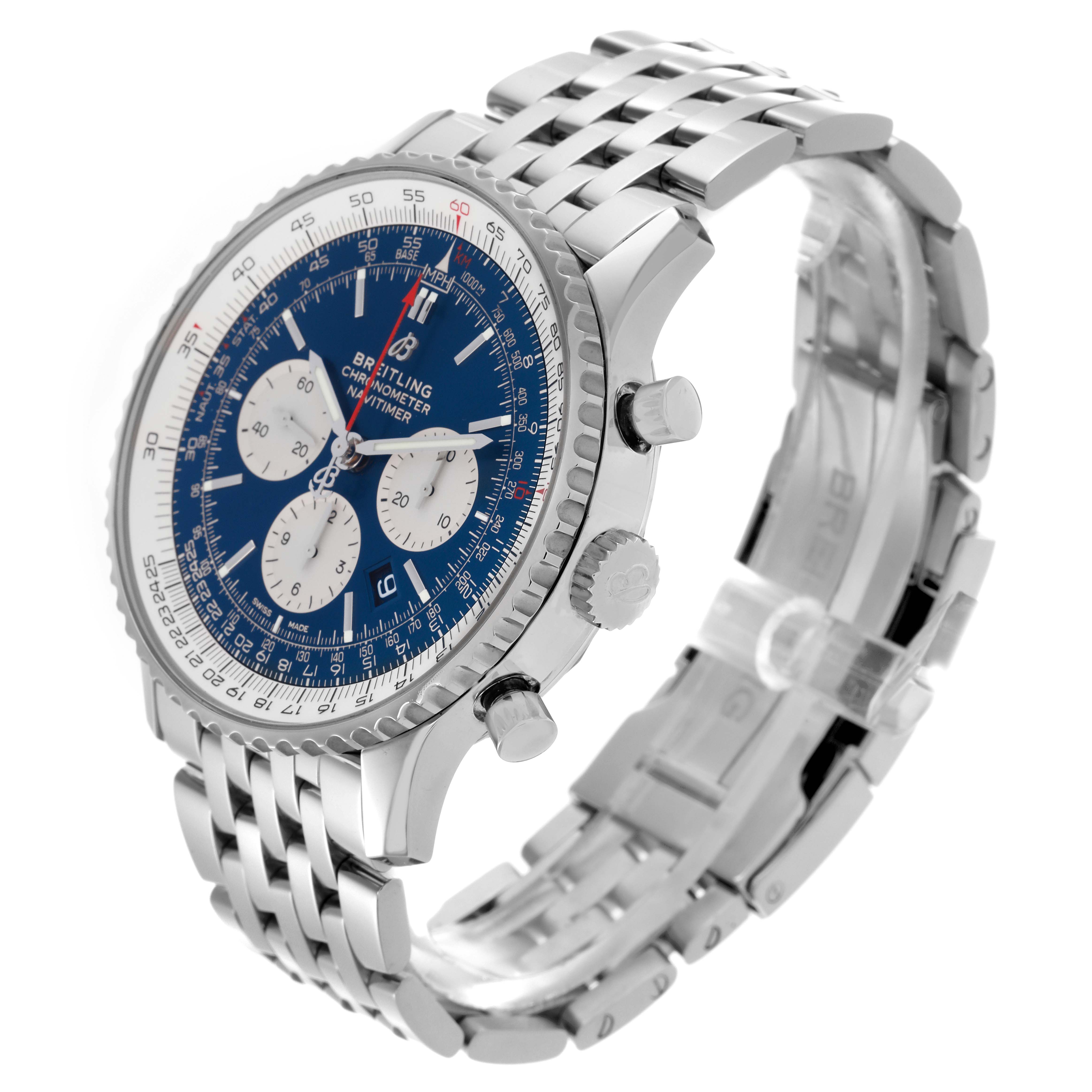 The Breitling Navitimer AB0127 Men's Stainless Steel Blue Dial AB0127 Men's Stainless Steel Blue Dial watch is shown at a slight angle, highlighting its face, bezel, crown, pushers, and bracelet.
