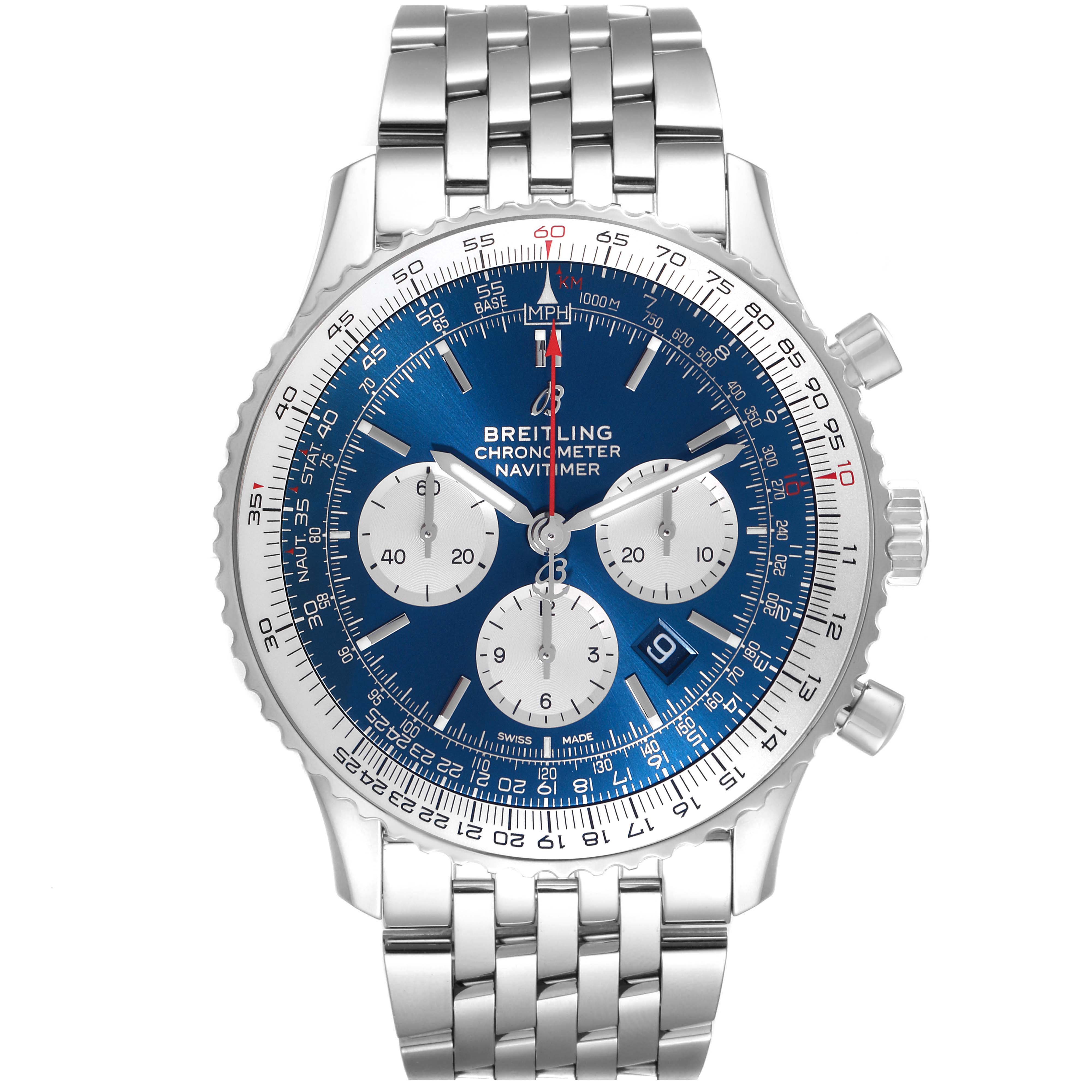 The Breitling Navitimer AB0127 Men's Stainless Steel Blue Dial AB0127 Men's Stainless Steel Blue Dial watch is shown from a top view, highlighting the dial, bezel, and bracelet.