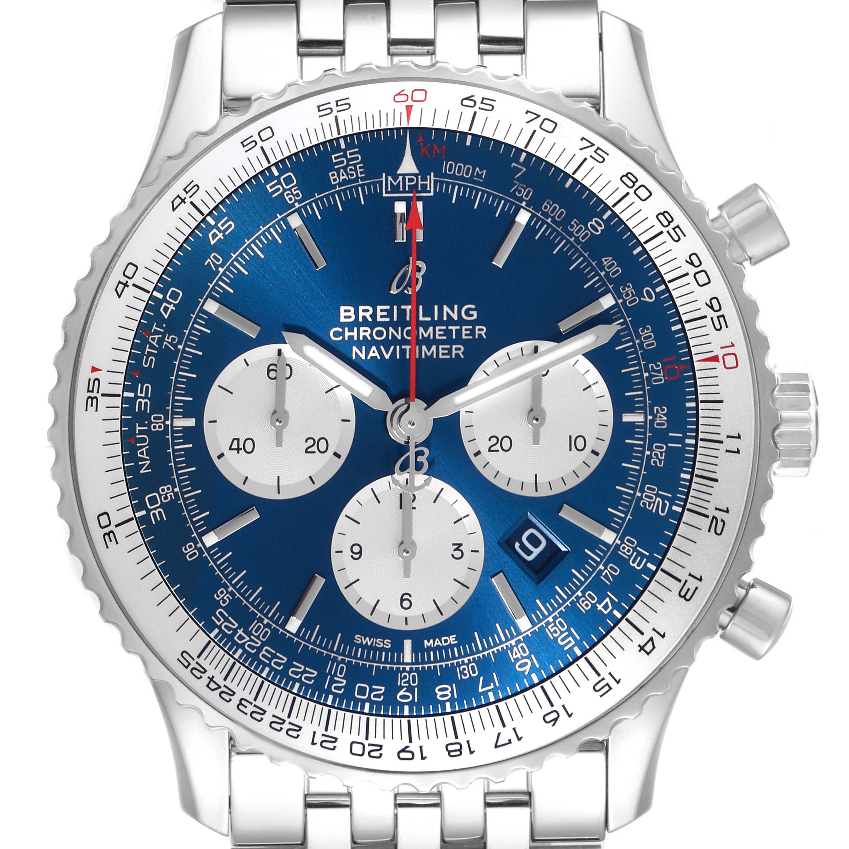 The Breitling Navitimer AB0127 Men's Stainless Steel Blue Dial AB0127 Men's Stainless Steel Blue Dial watch is shown from a front angle, highlighting its blue dial, chronograph subdials, and slide rule bezel.