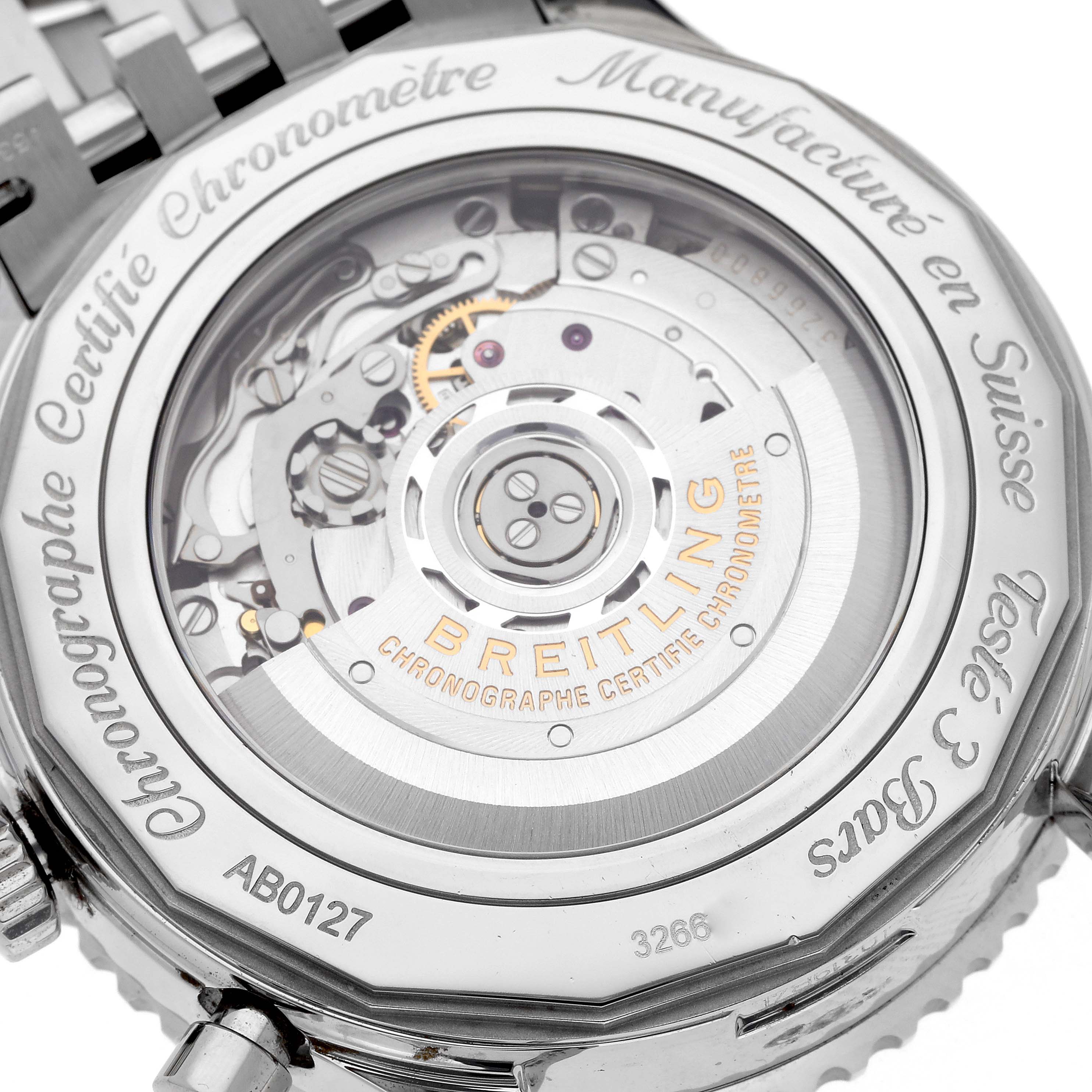 The image shows a close-up of the back of a Breitling Navitimer AB0127 Men's Stainless Steel Blue Dial AB0127 Men's Stainless Steel Blue Dial, highlighting its automatic movement through a transparent case back.