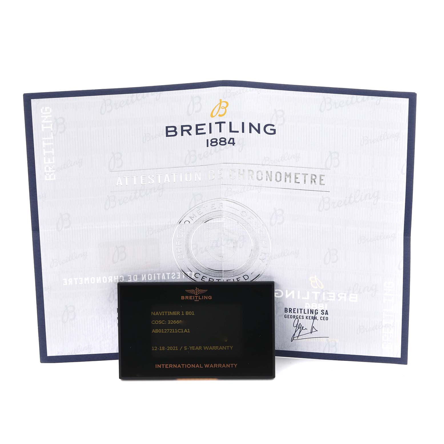 The image shows the Breitling Navitimer AB0127 Men's Stainless Steel Blue Dial AB0127 Men's Stainless Steel Blue Dial model's warranty card and certificate from a frontal angle.