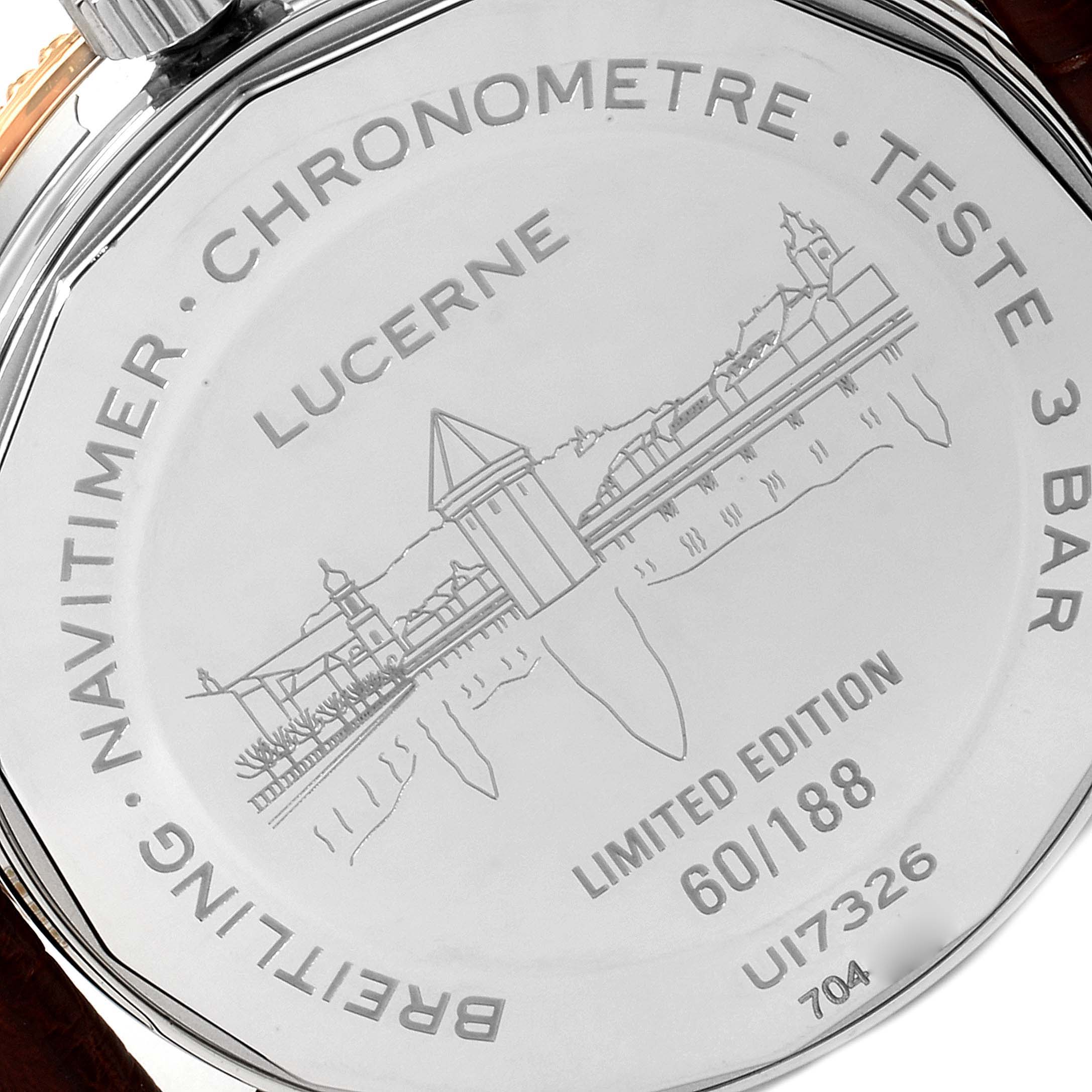 This image shows the engraved case back of a Breitling Navitimer U17326211M1P1 Men
s Stainless Steel Grey Dial U17326211M1P1 Men
s Stainless Steel Grey Dial watch, highlighting its limited edition number and Lucerne cityscape.