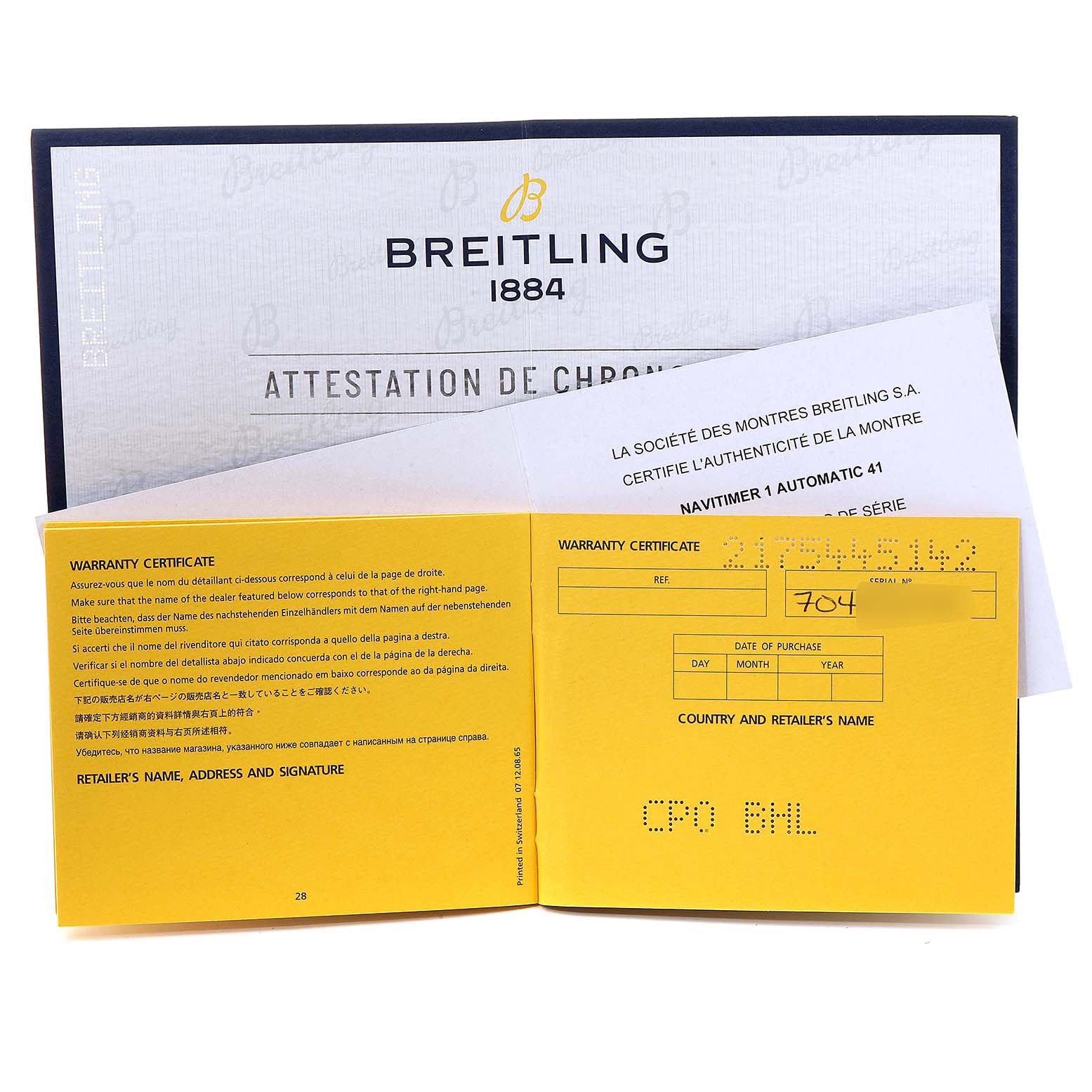The image shows the warranty certificate and documentation for the Breitling Navitimer U17326211M1P1 Men
s Stainless Steel Grey Dial U17326211M1P1 Men
s Stainless Steel Grey Dial 1 Automatic 41.