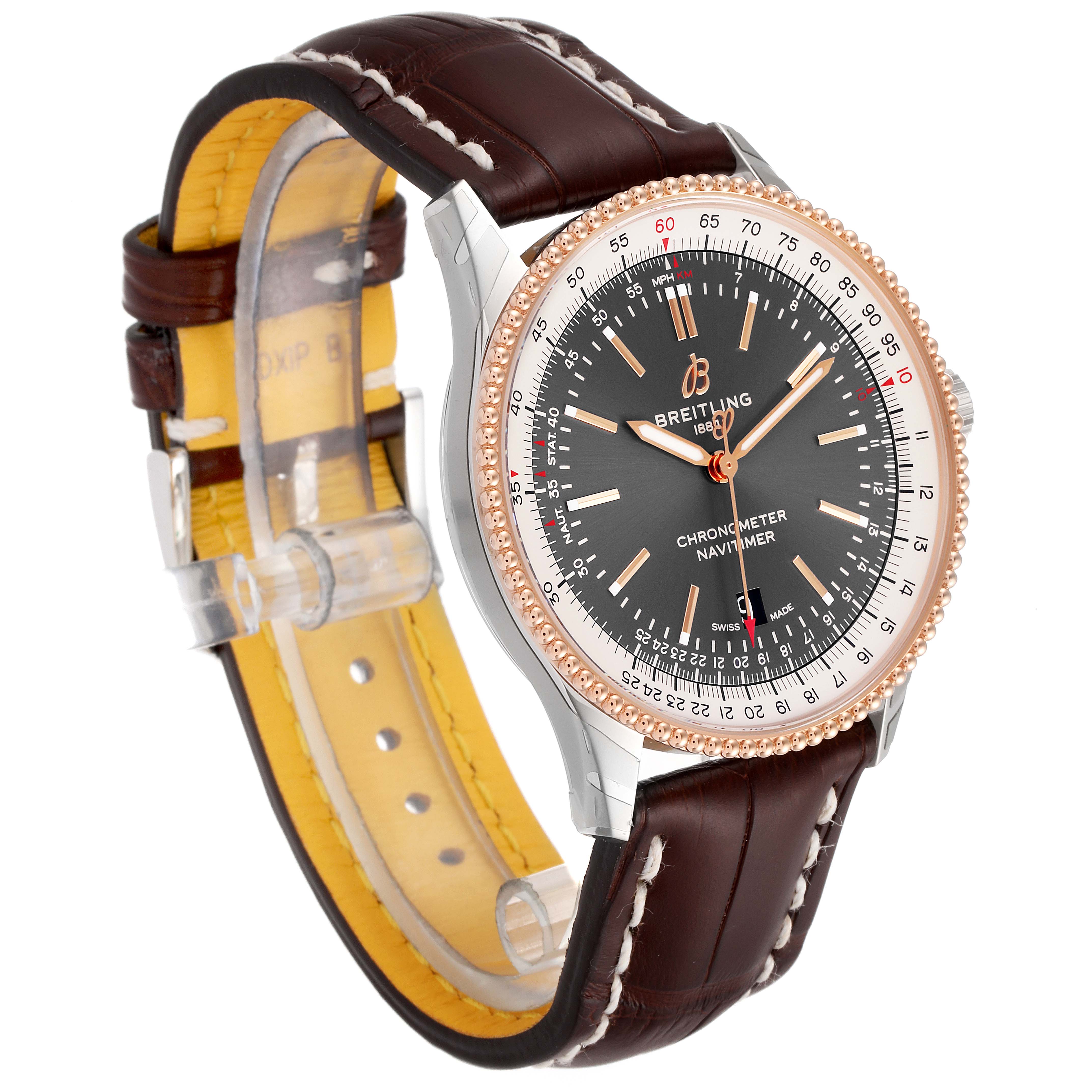 The Breitling Navitimer U17326211M1P1 Men
s Stainless Steel Grey Dial U17326211M1P1 Men
s Stainless Steel Grey Dial watch is shown at a three-quarter angle, with visible face, bezel, case, and brown leather strap.