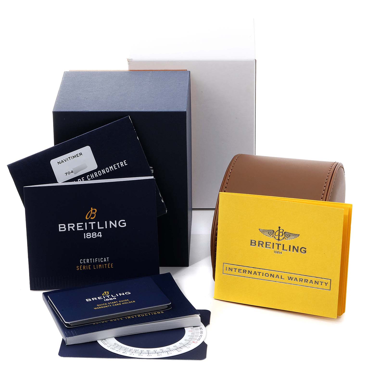This image shows the packaging, manuals, warranty card, and case for a Breitling Navitimer U17326211M1P1 Men
s Stainless Steel Grey Dial U17326211M1P1 Men
s Stainless Steel Grey Dial watch.