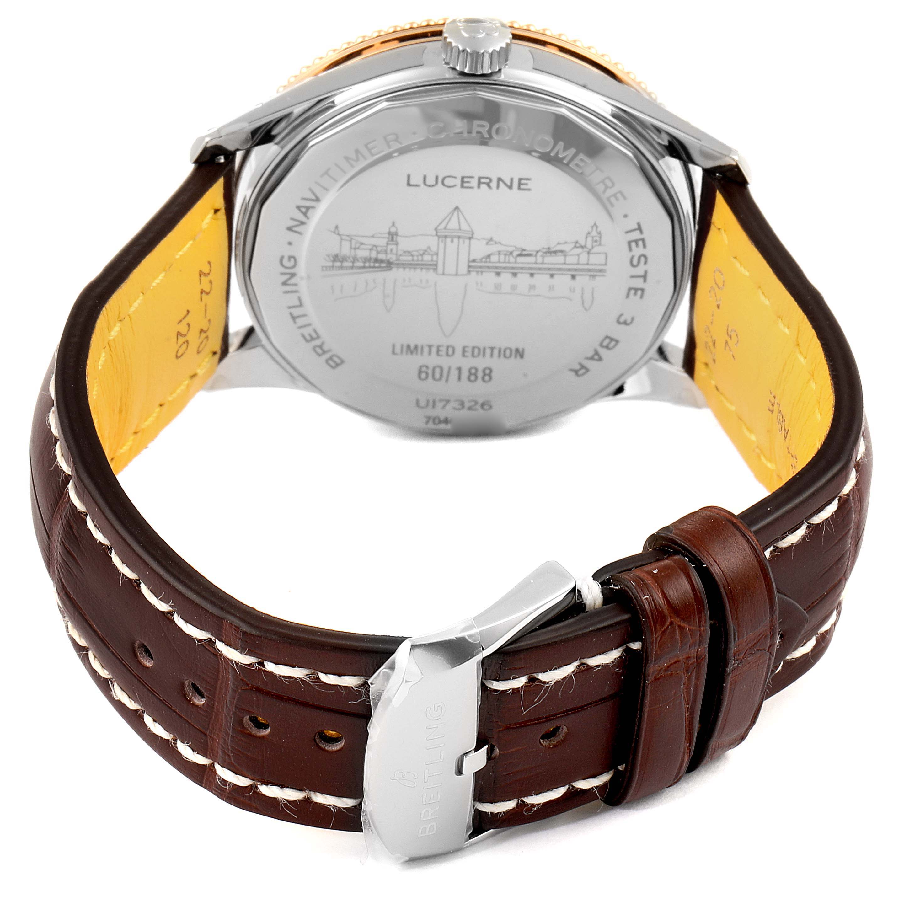 The image shows the back case and leather strap of a Breitling Navitimer U17326211M1P1 Men
s Stainless Steel Grey Dial U17326211M1P1 Men
s Stainless Steel Grey Dial watch, model Lucerne, with the clasp visible.