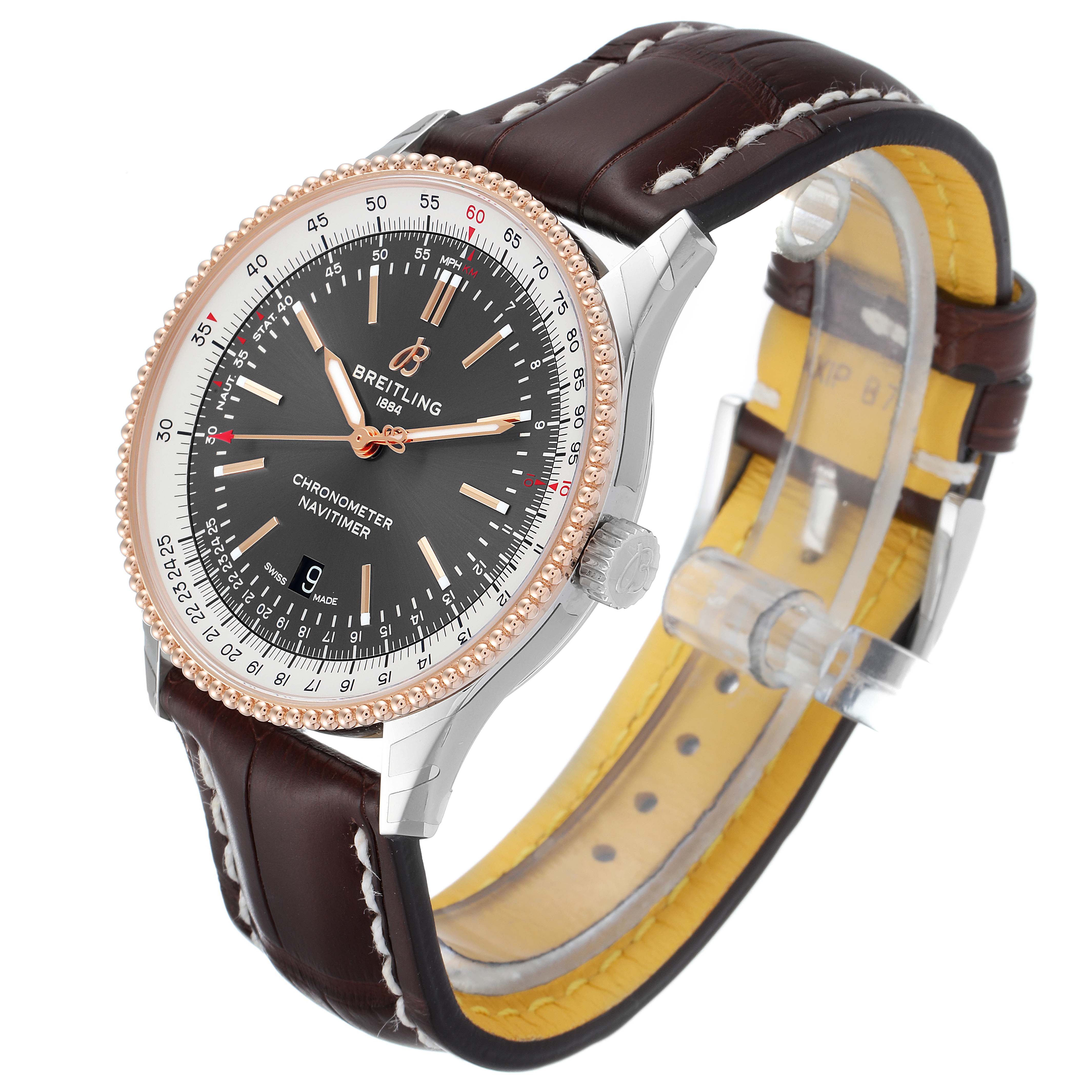 The image shows a Breitling Navitimer U17326211M1P1 Men
s Stainless Steel Grey Dial U17326211M1P1 Men
s Stainless Steel Grey Dial watch at a three-quarter angle, highlighting the dial, bezel, and leather strap.