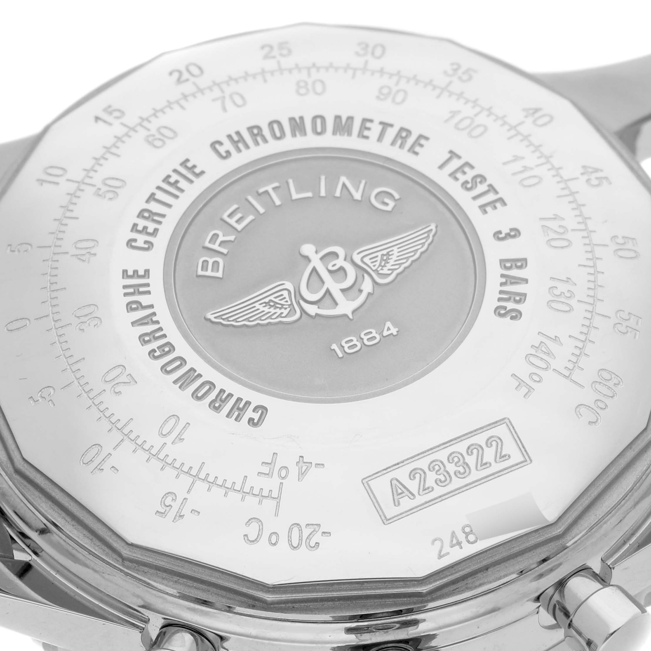 The image shows the back case of a Breitling Navitimer A23322 Men's Stainless Steel Silver Dial A23322 Men's Stainless Steel Silver Dial watch, featuring engraved markings and branding.