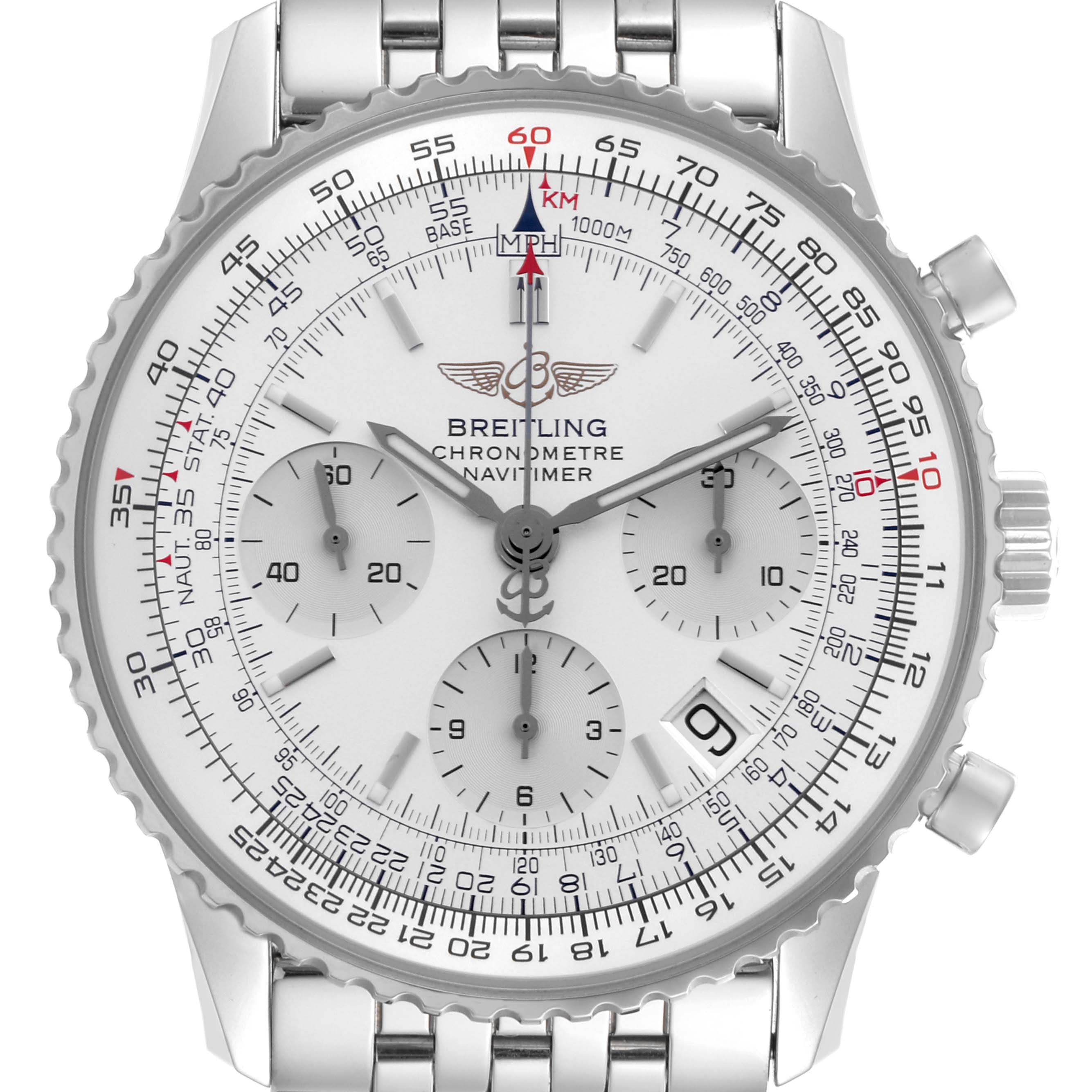 The Breitling Navitimer A23322 Men's Stainless Steel Silver Dial A23322 Men's Stainless Steel Silver Dial watch is shown from the front, displaying its face, bezel, subdials, and part of the bracelet.