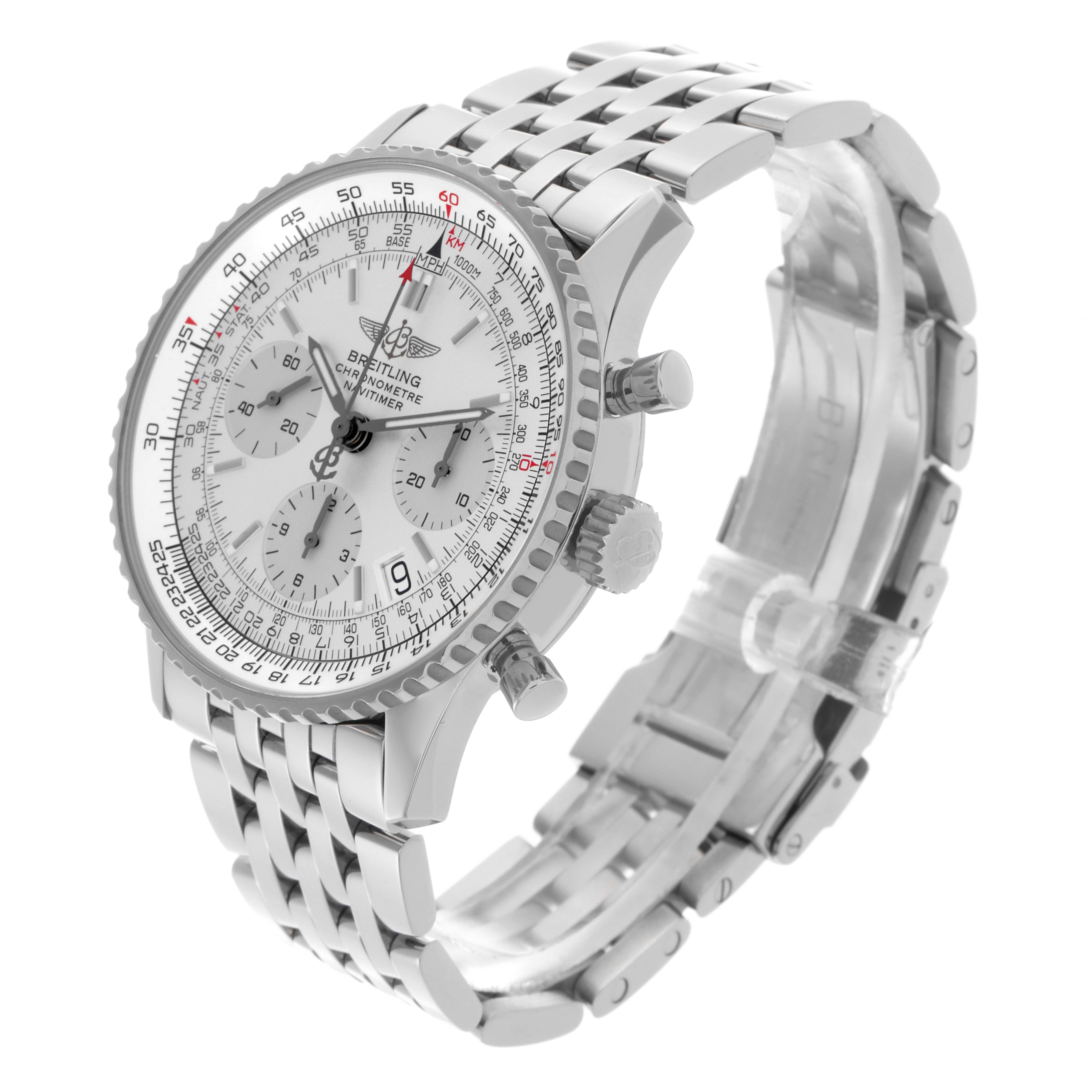 The Breitling Navitimer A23322 Men's Stainless Steel Silver Dial A23322 Men's Stainless Steel Silver Dial watch is shown at a three-quarter angle, displaying the face, bezel, crown, and bracelet.