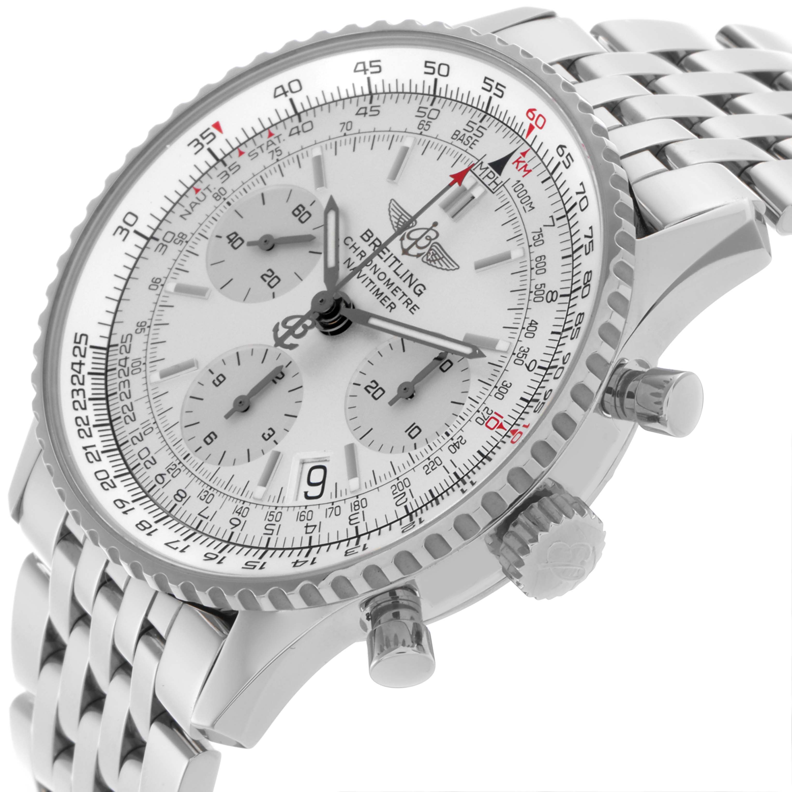The Breitling Navitimer A23322 Men's Stainless Steel Silver Dial A23322 Men's Stainless Steel Silver Dial watch is shown at an angled view, highlighting the dial, bezel, pushers, and bracelet.