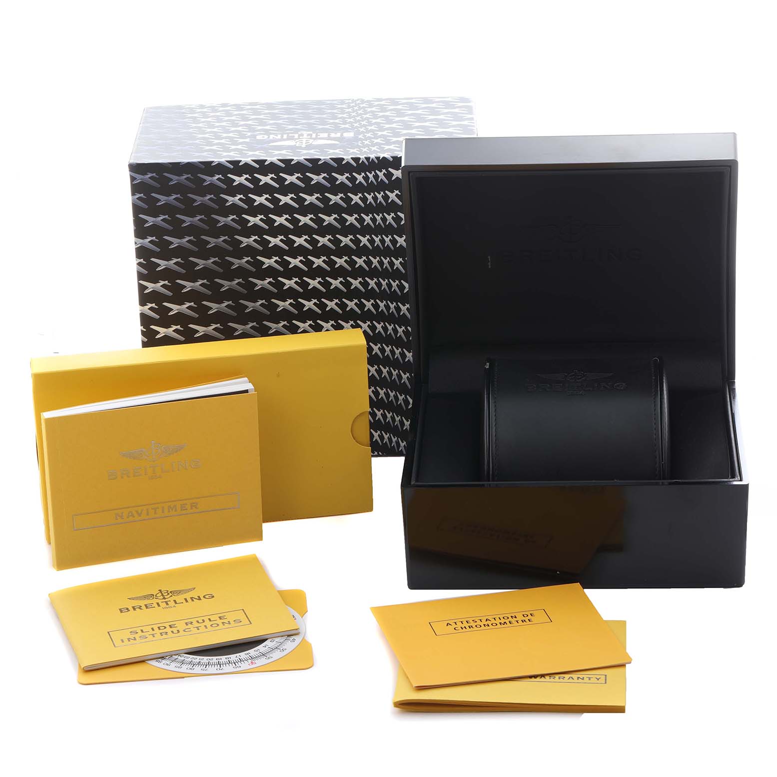 The image shows a Breitling Navitimer A23322 Men's Stainless Steel Silver Dial A23322 Men's Stainless Steel Silver Dial's open box, outer packaging, manuals, and certificates from a frontal angle.