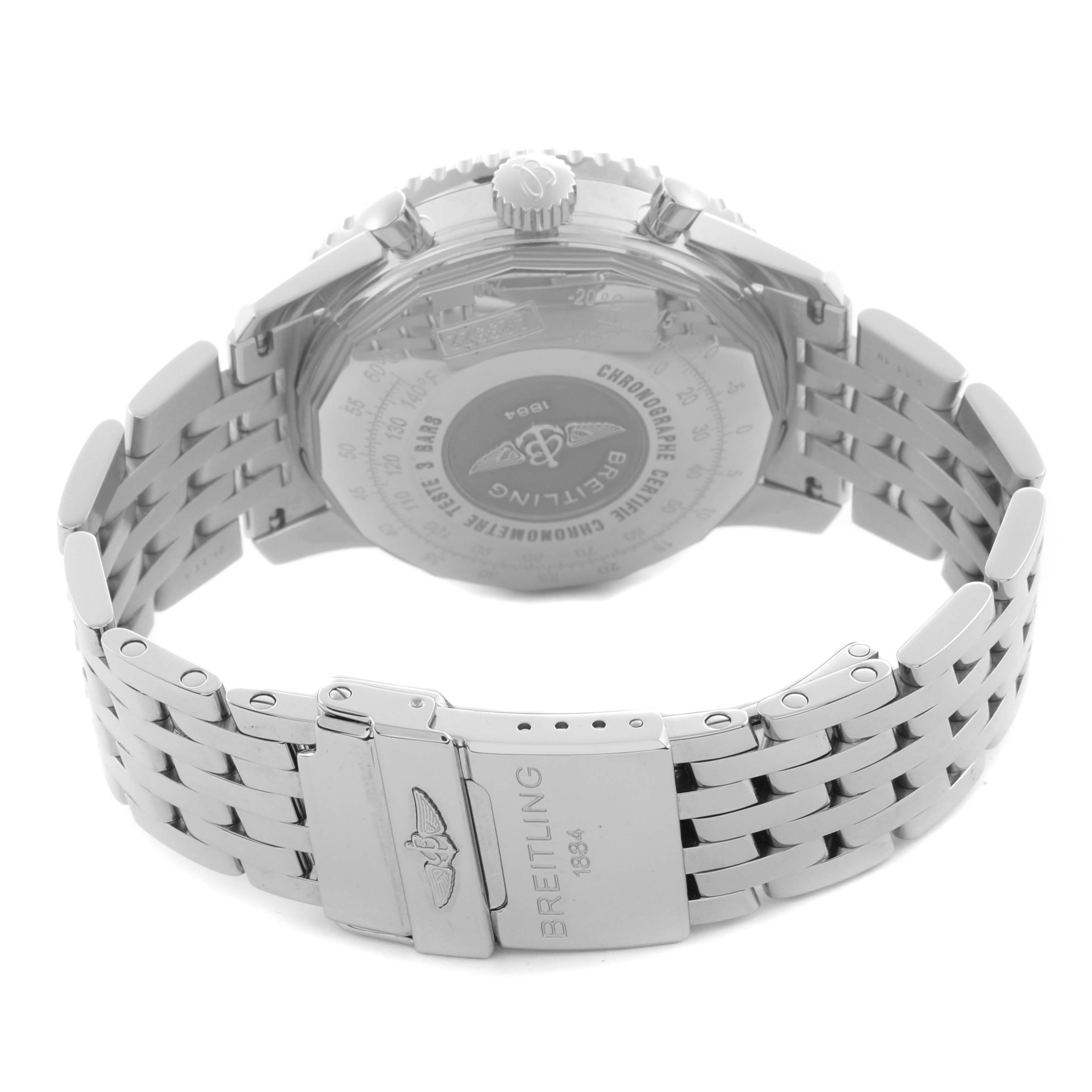 The image shows the back and bracelet of a Breitling Navitimer A23322 Men's Stainless Steel Silver Dial A23322 Men's Stainless Steel Silver Dial, featuring the clasp and rear case.