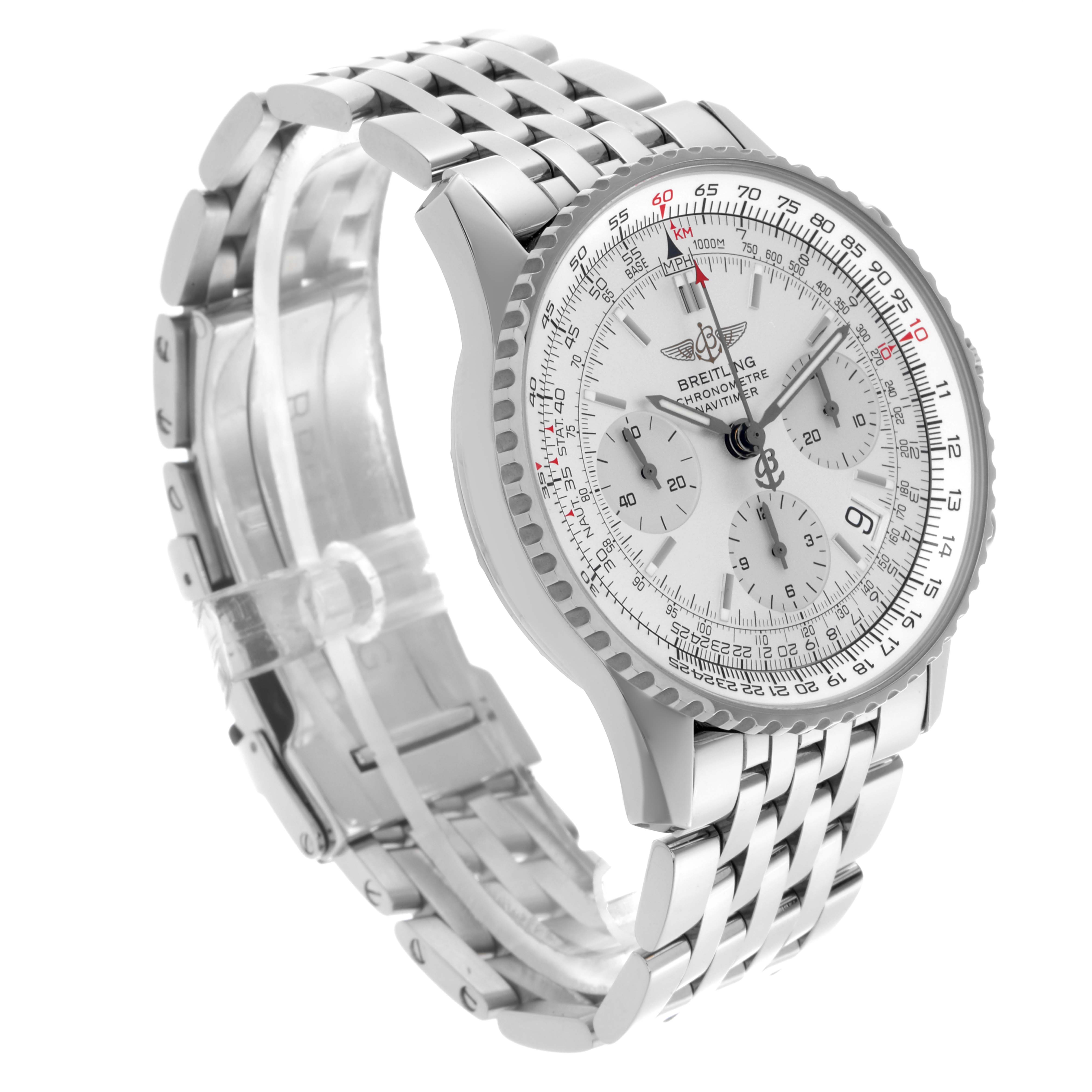 The Breitling Navitimer A23322 Men's Stainless Steel Silver Dial A23322 Men's Stainless Steel Silver Dial watch is shown at a three-quarter angle, displaying the face, bezel, and link bracelet.