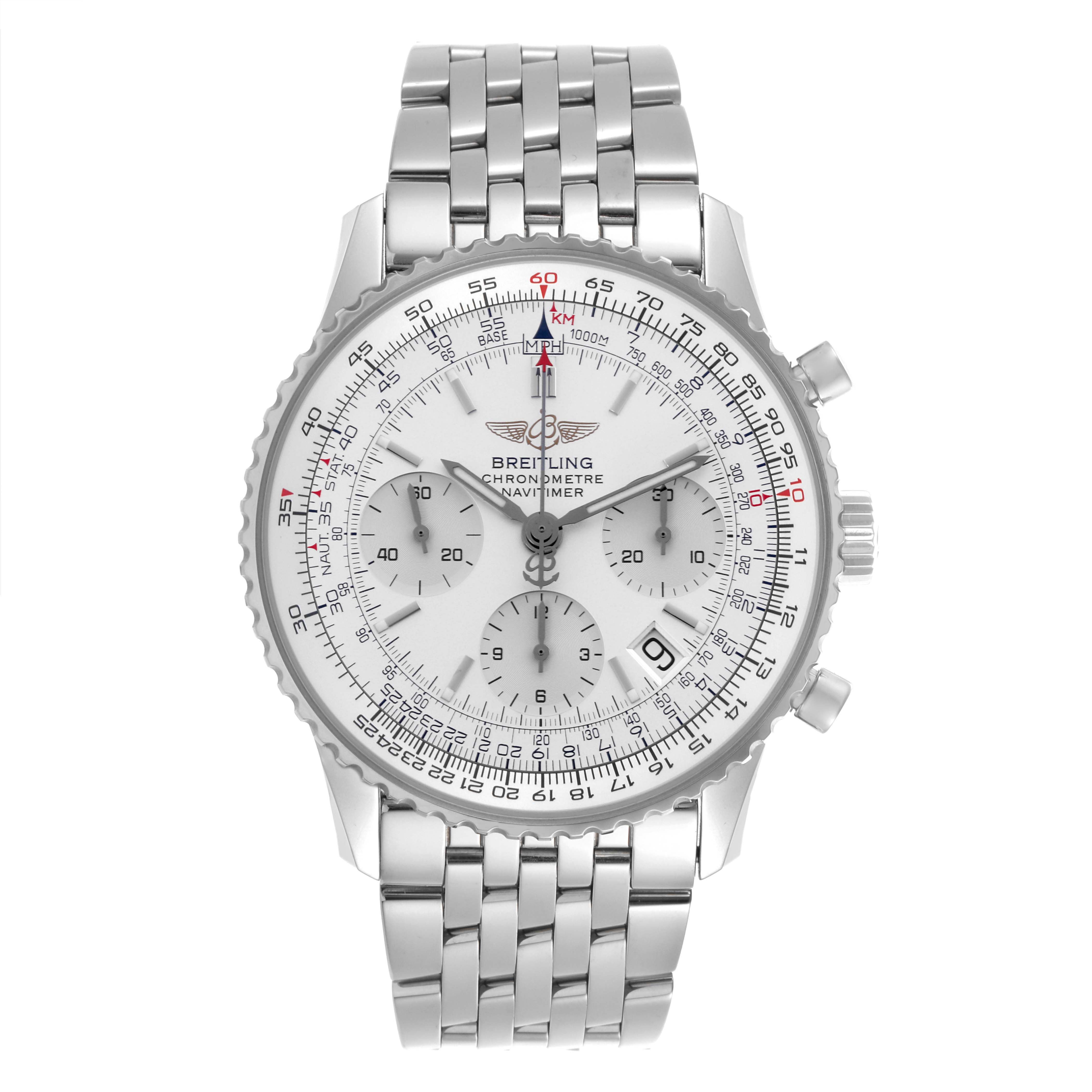 The Breitling Navitimer A23322 Men's Stainless Steel Silver Dial A23322 Men's Stainless Steel Silver Dial watch is shown from a front angle, displaying the dial, bezel, subdials, and metal bracelet.
