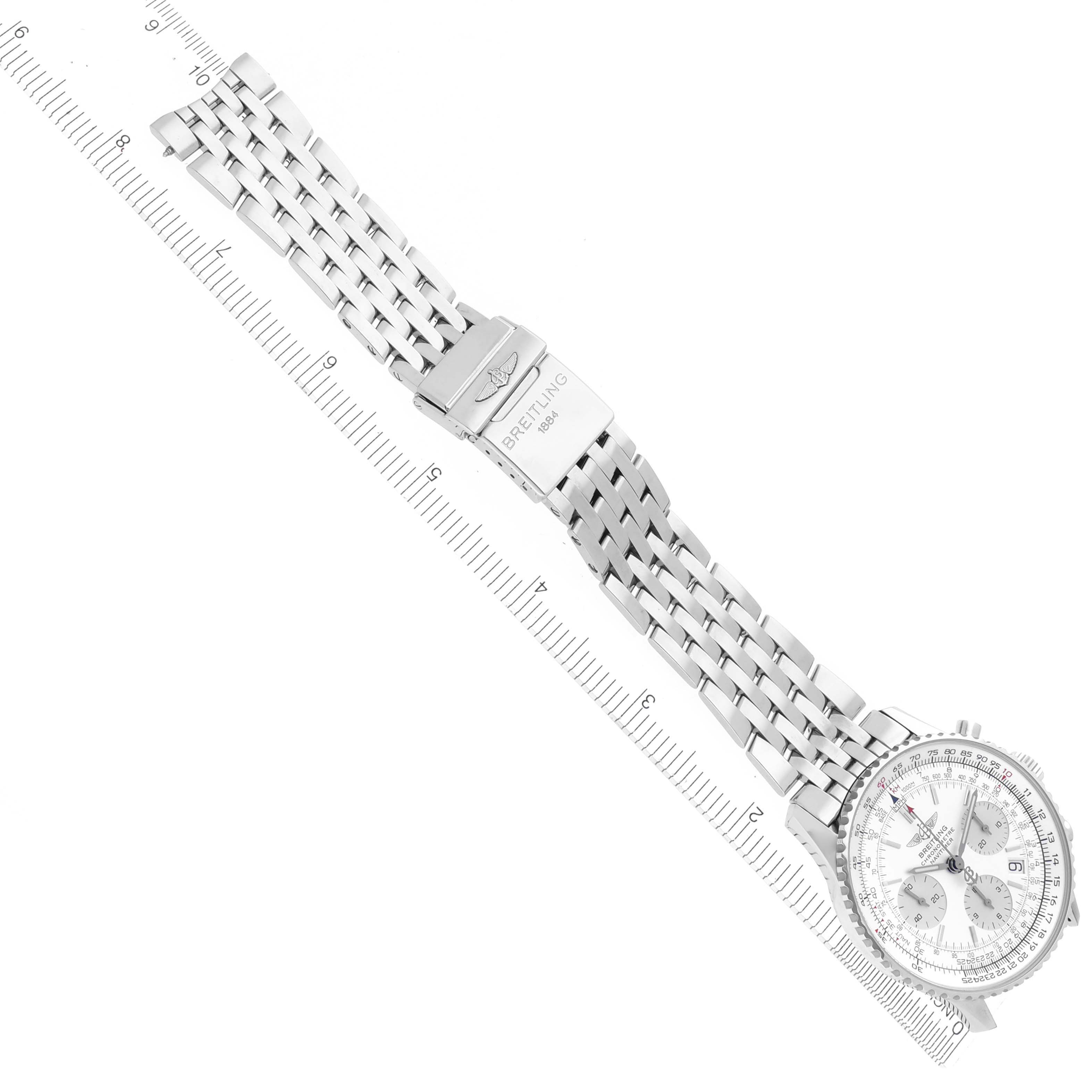 The image shows a Breitling Navitimer A23322 Men's Stainless Steel Silver Dial A23322 Men's Stainless Steel Silver Dial watch at an oblique angle, highlighting the full bracelet, clasp, and face.
