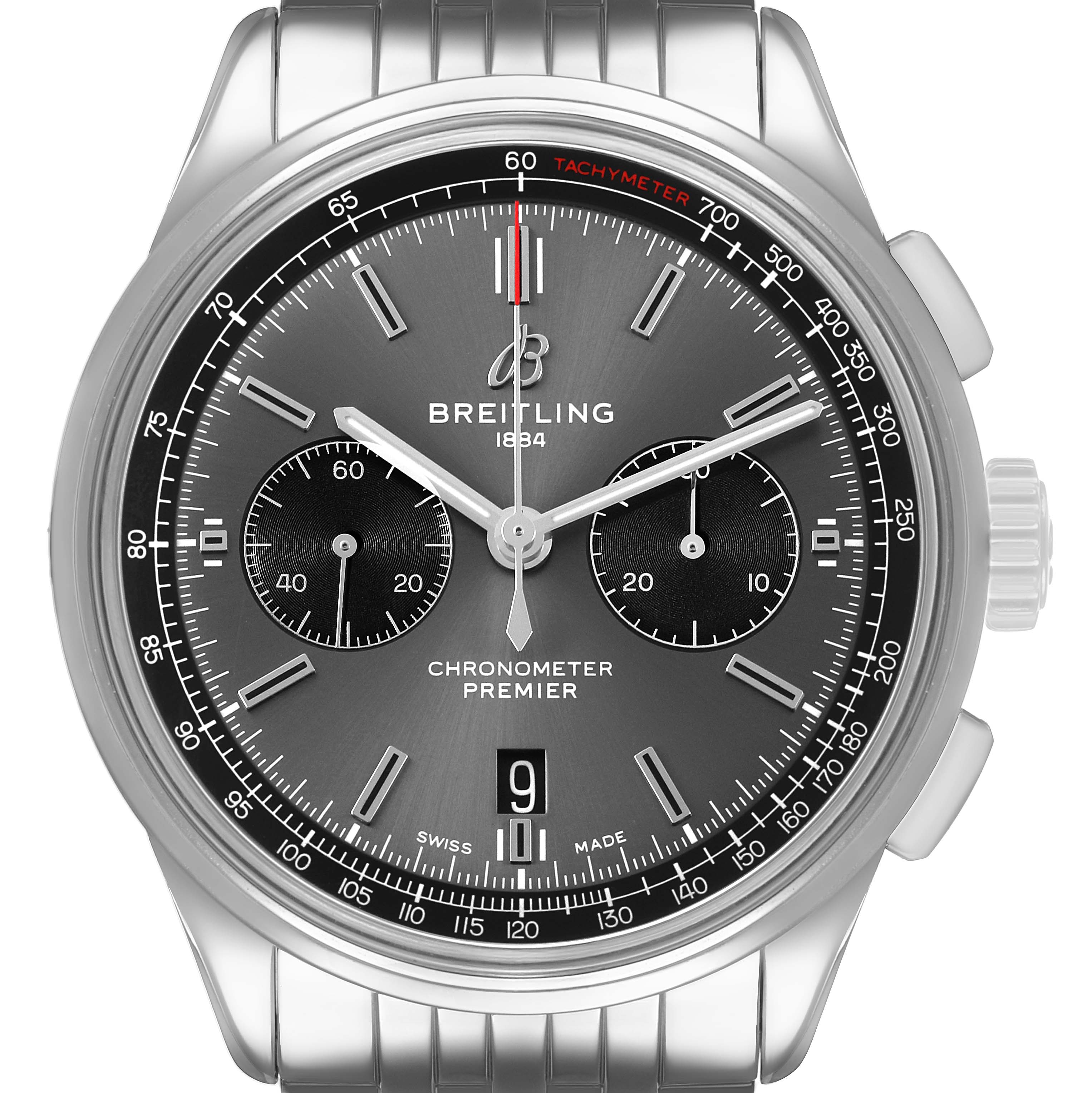The Breitling Premier AB0118 Men's Stainless Steel Grey Dial watch is shown from a front angle, highlighting its dial, subdials, and bracelet.