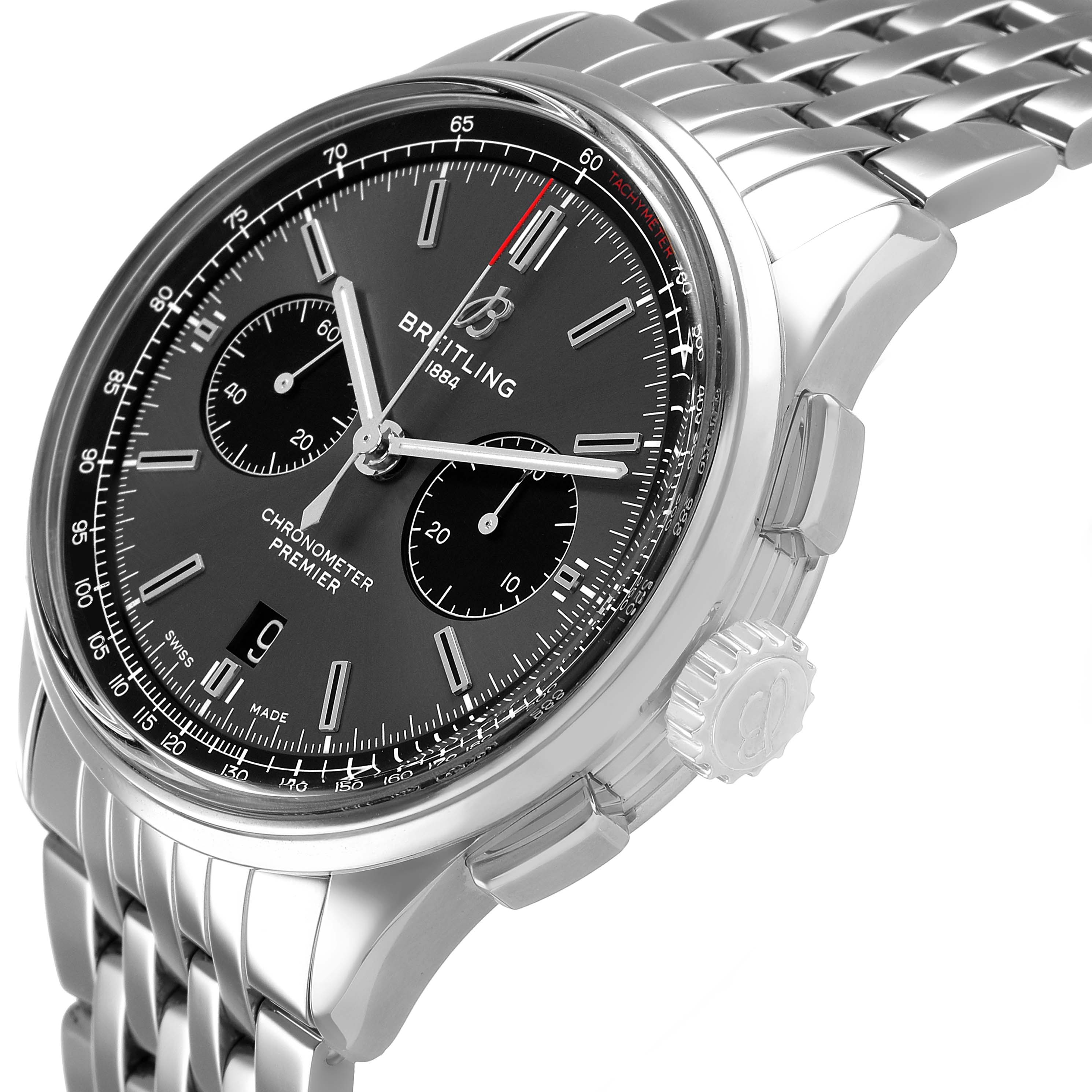 The Breitling Premier AB0118 Men's Stainless Steel Grey Dial watch is shown at an angle highlighting the dial, side crown, and stainless steel bracelet.