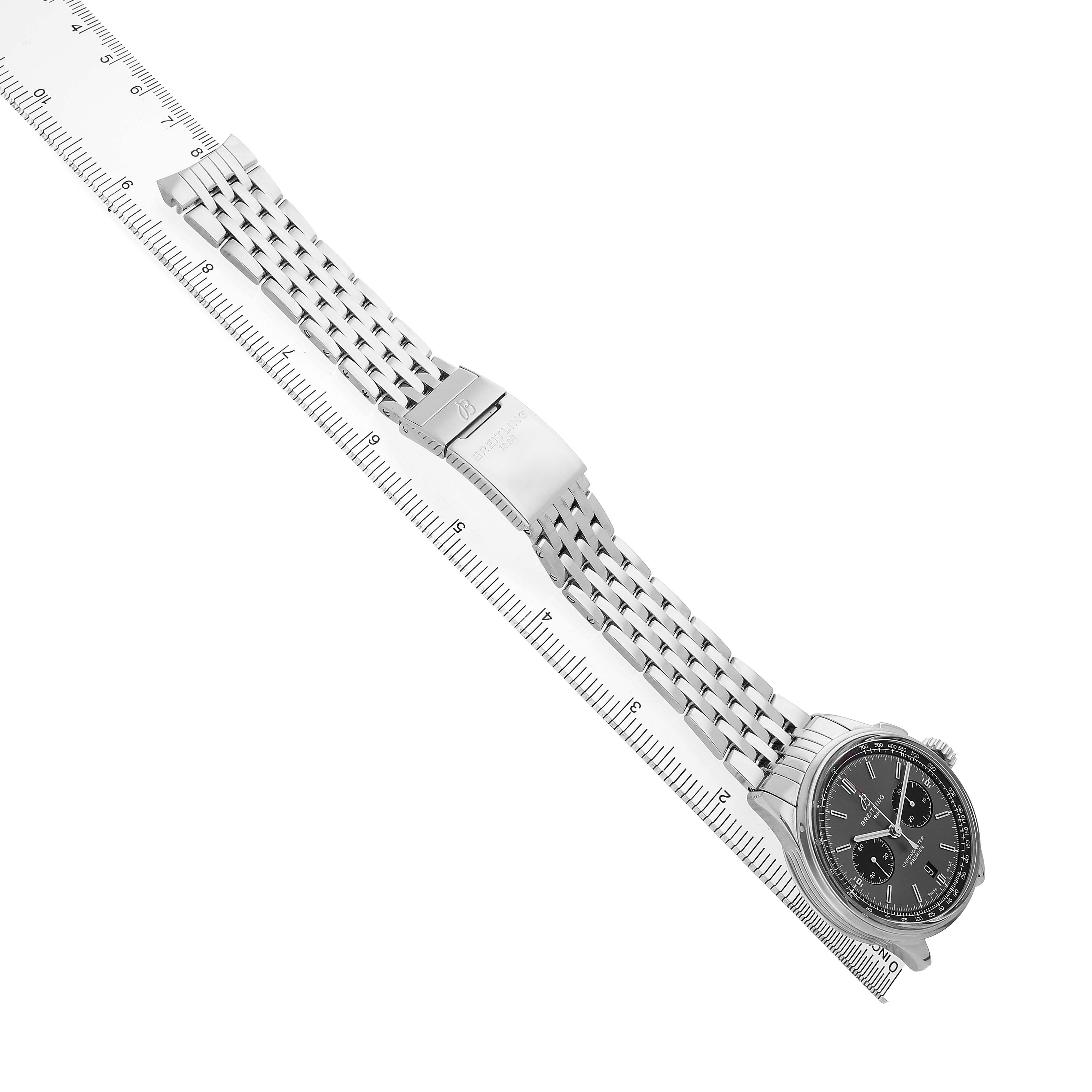 The Breitling Premier AB0118 Men's Stainless Steel Grey Dial watch is shown diagonally with a full view of the bracelet, clasp, and dial.
