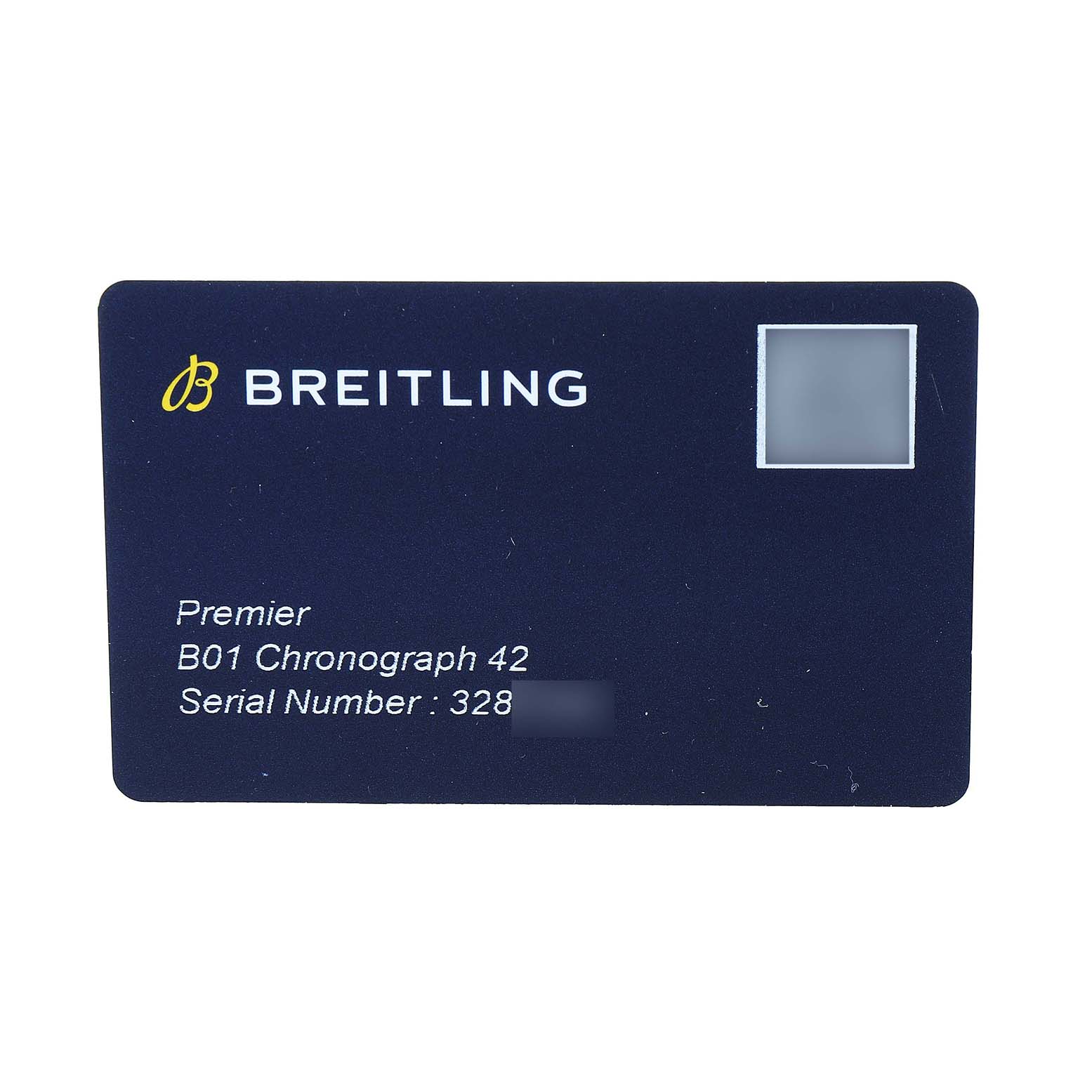 This image shows a warranty or identification card for the Breitling Premier AB0118 Men's Stainless Steel Grey Dial B01 Chronograph 42 watch.