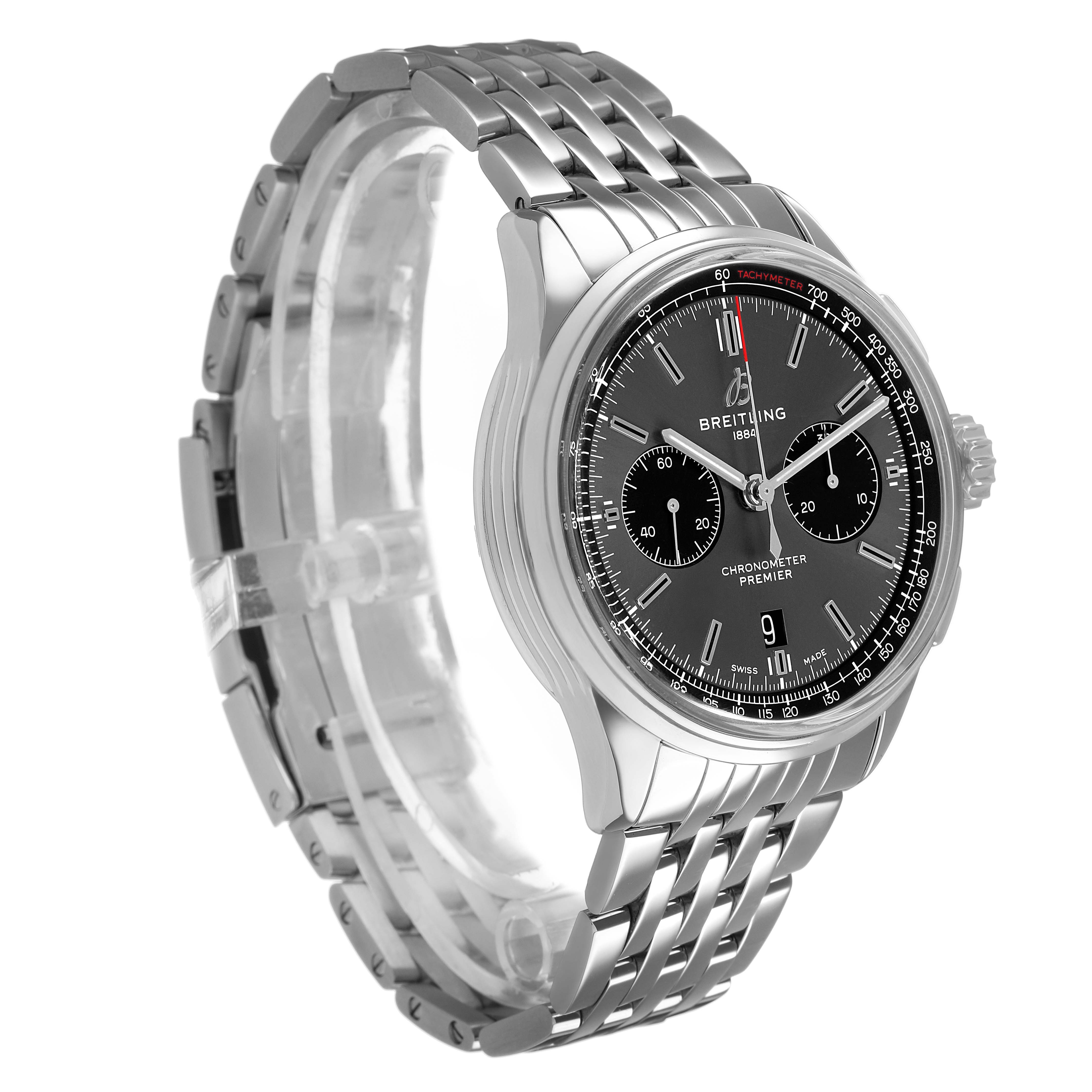 The image shows a Breitling Premier AB0118 Men's Stainless Steel Grey Dial watch at a three-quarter angle, highlighting the stainless steel bracelet and detailed dial.