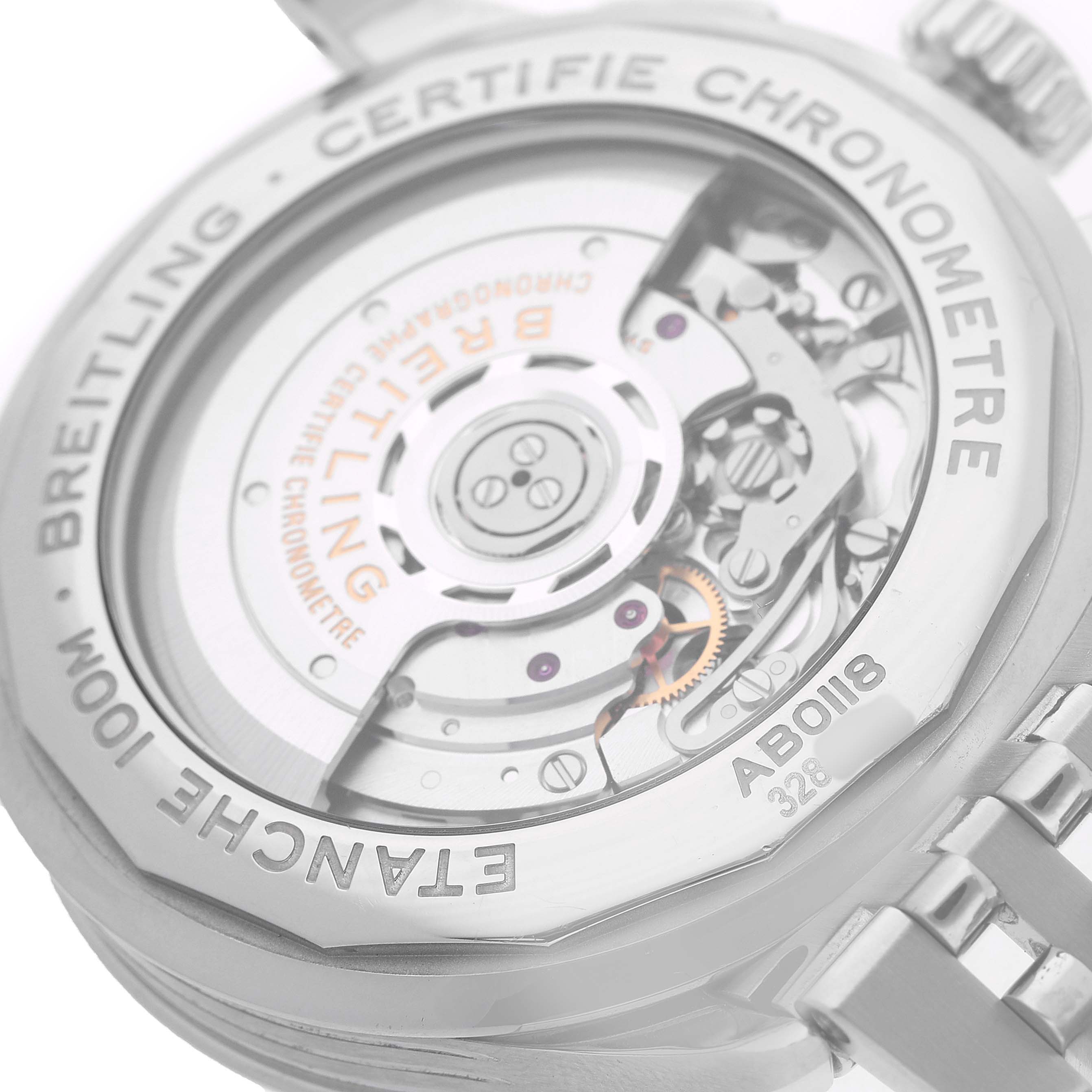 The image shows the back view of a Breitling Premier AB0118 Men's Stainless Steel Grey Dial watch, highlighting its transparent case back and movement details.