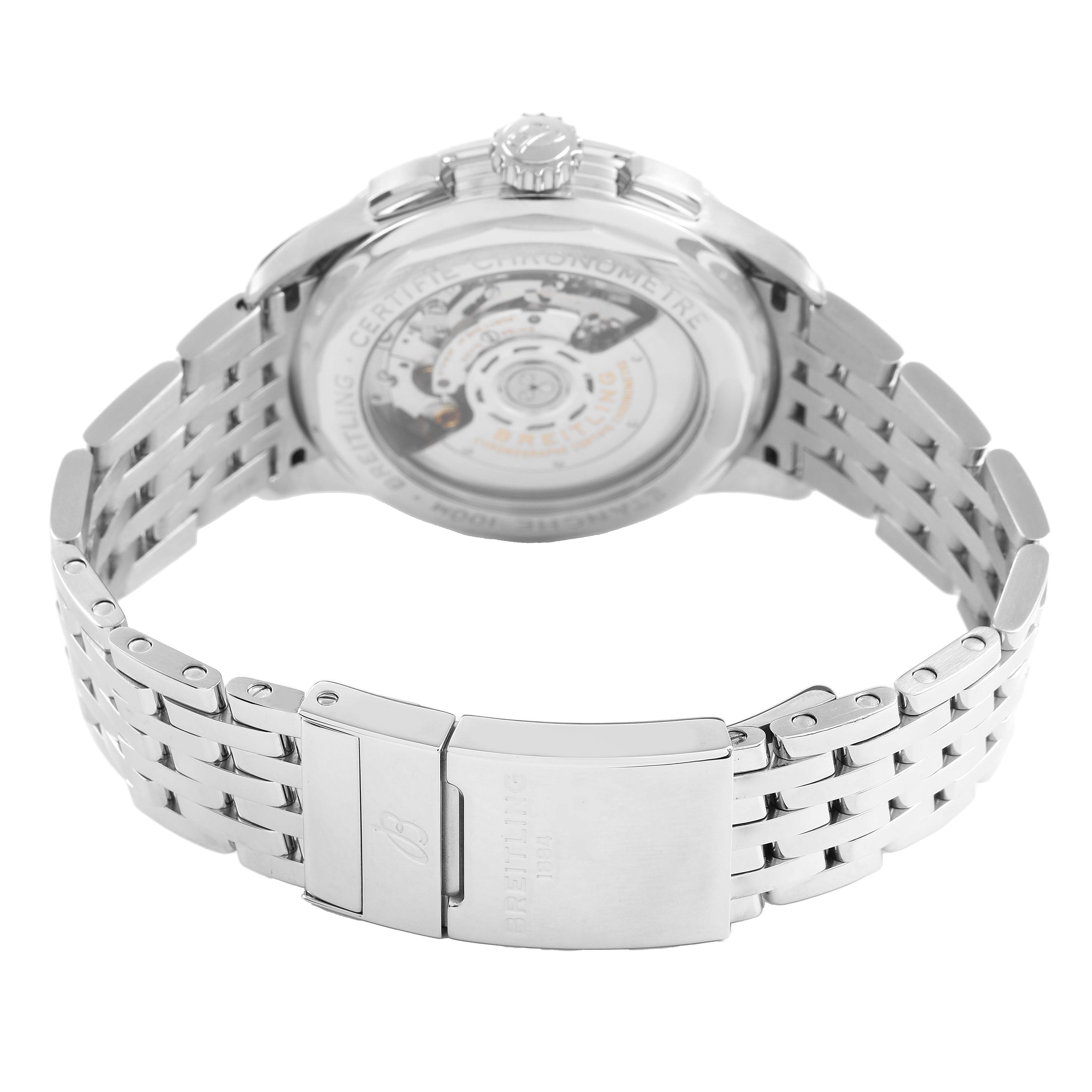 The image shows the back view of the Breitling Premier AB0118 Men's Stainless Steel Grey Dial watch, highlighting the exhibition case back and metal bracelet.