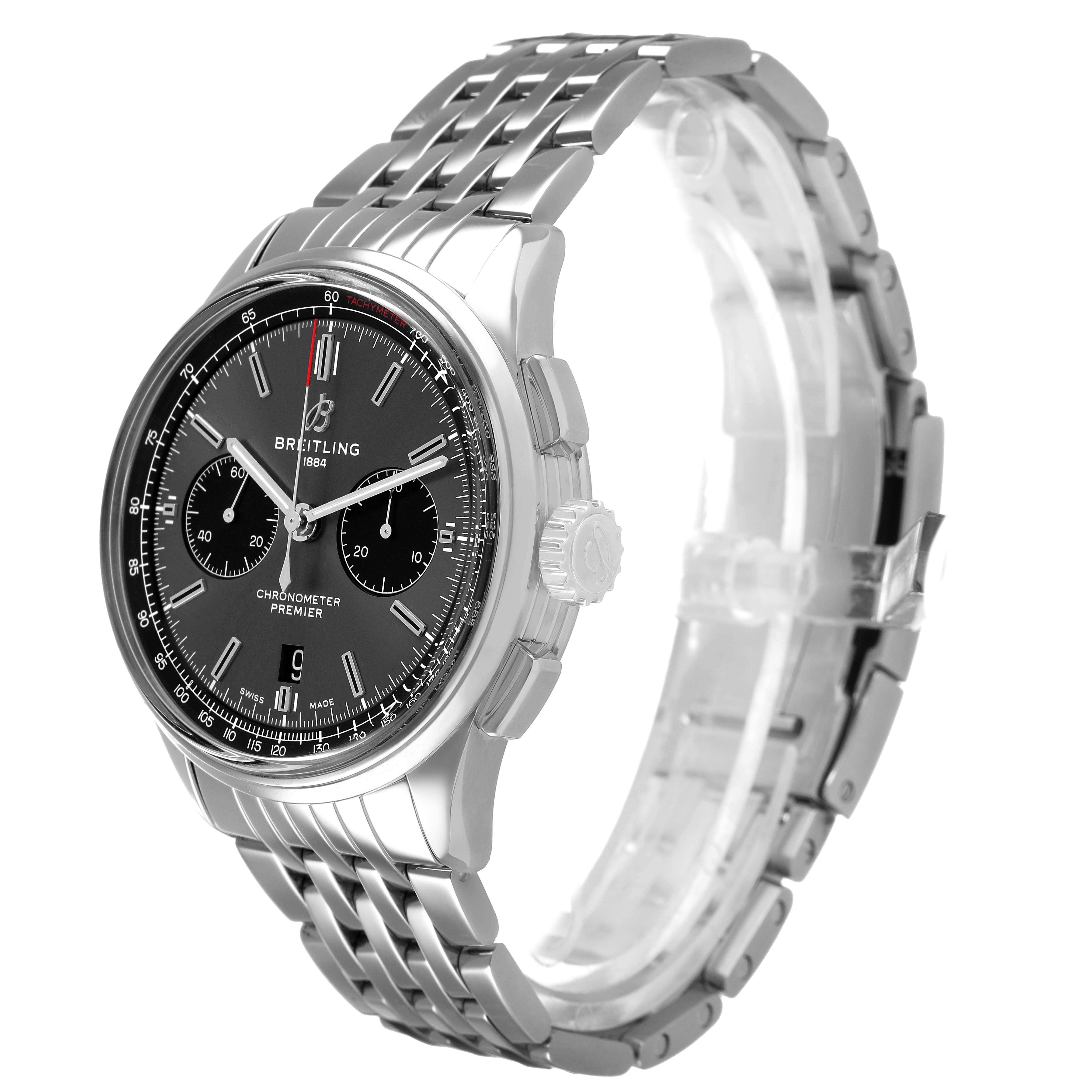 The Breitling Premier AB0118 Men's Stainless Steel Grey Dial watch is shown at a three-quarter angle displaying the dial, bezel, crown, and bracelet.