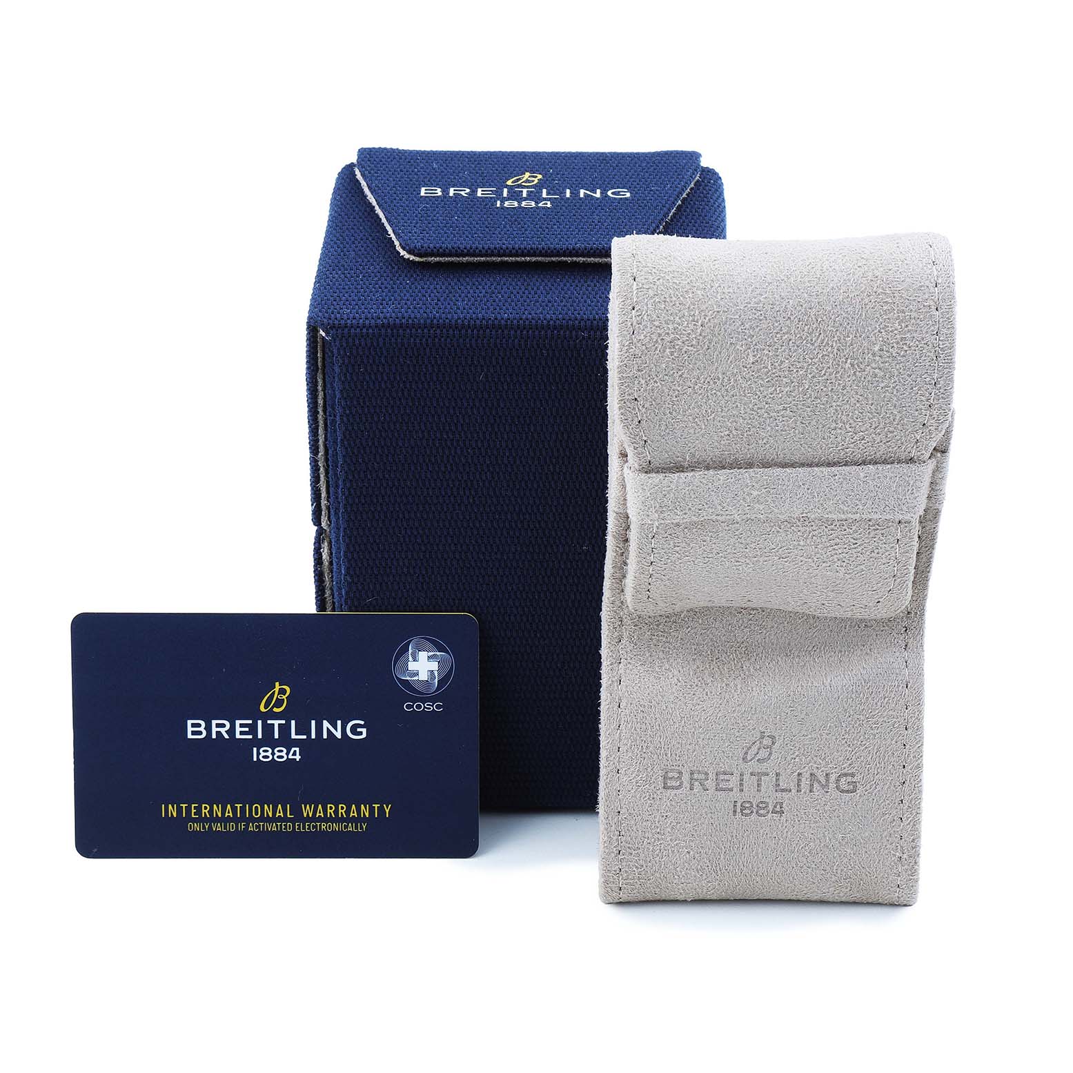 This image shows the Breitling Premier AB0118 Men's Stainless Steel Grey Dial watch's accessories: a warranty card, a storage pouch, and a presentation box.