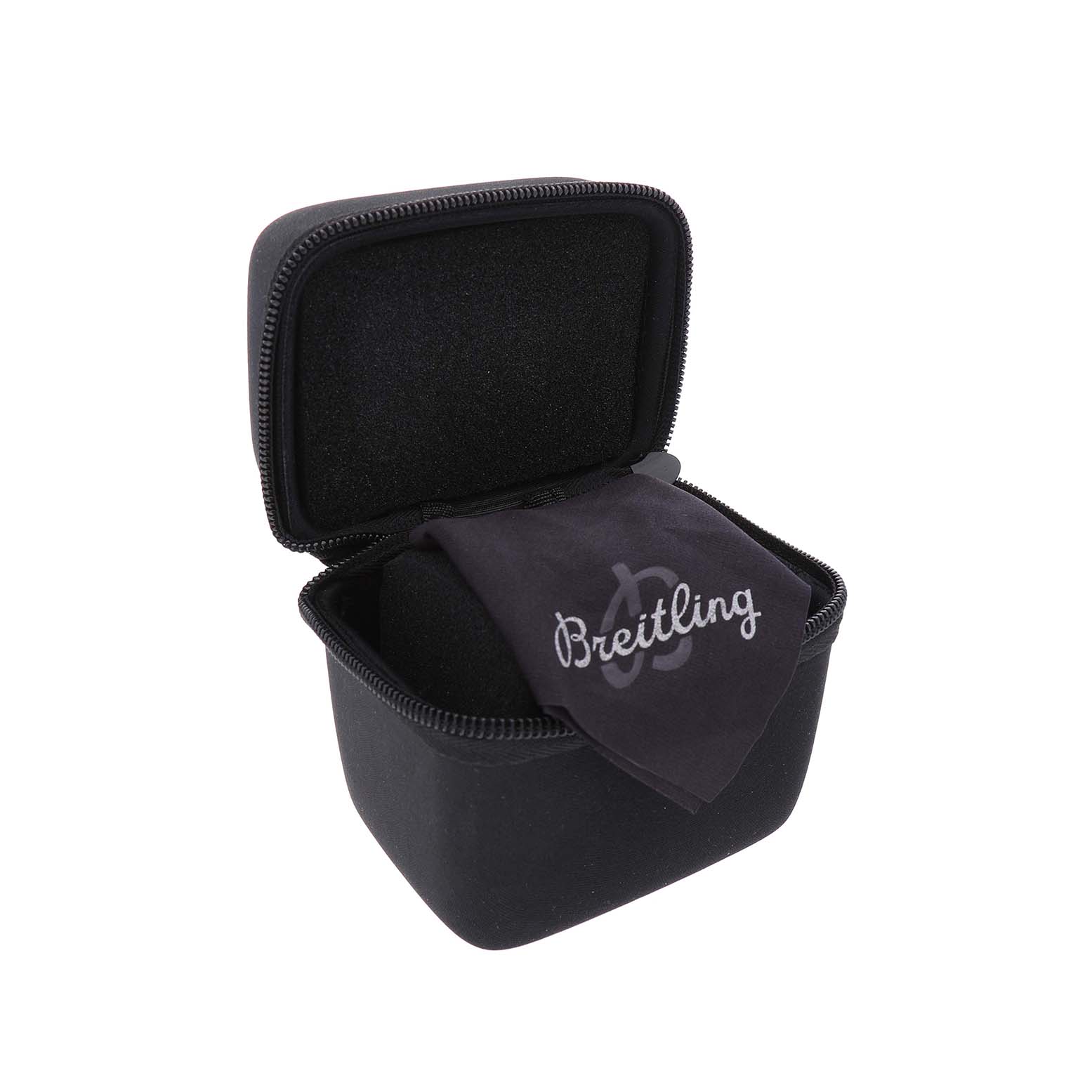 The image shows a Breitling Premier AB0145 Men's Stainless Steel Orange Dial watch case at an open angle, with the brand's logo on a cloth inside.