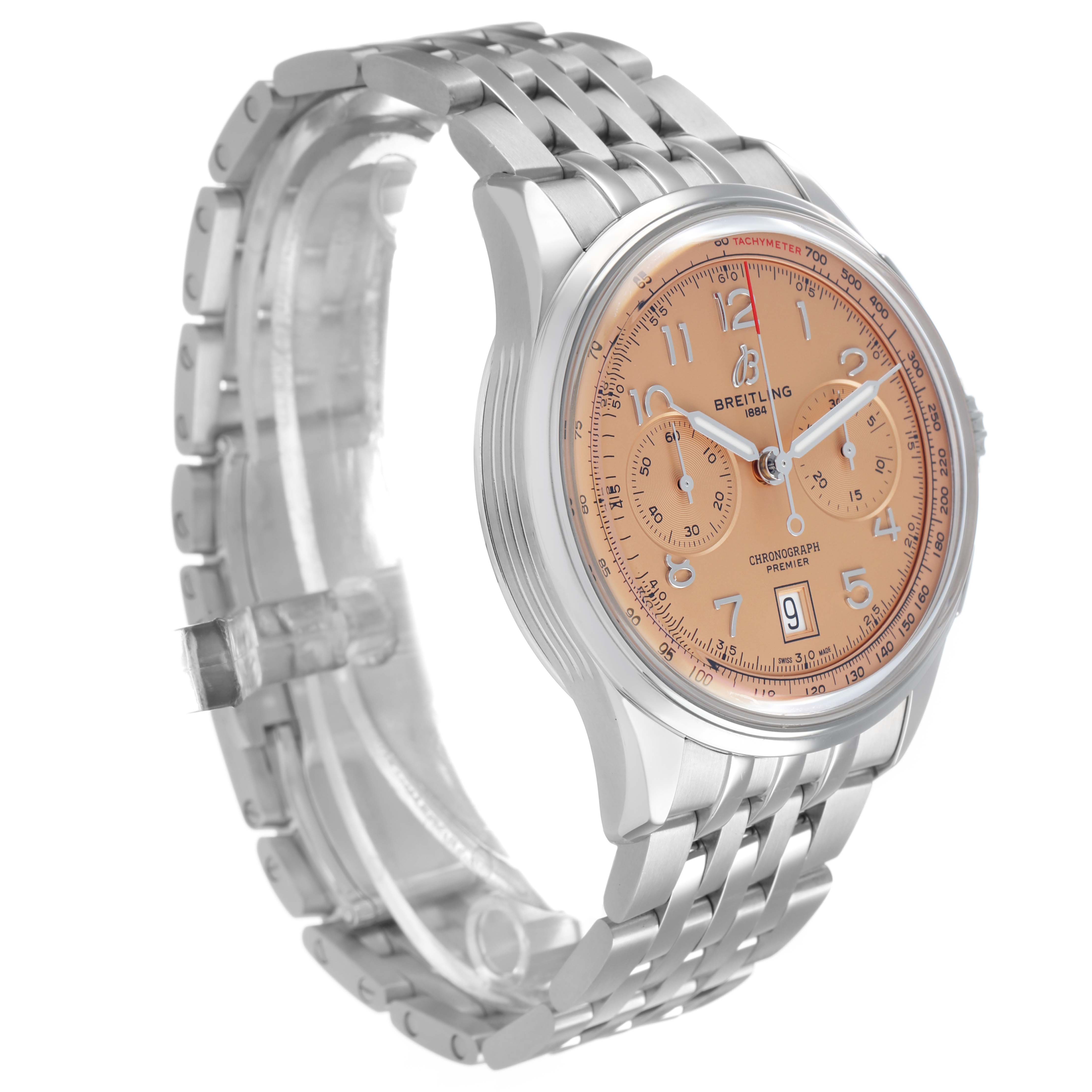 The Breitling Premier AB0145 Men's Stainless Steel Orange Dial watch is shown at a three-quarter angle, displaying the face, side, and metal bracelet.