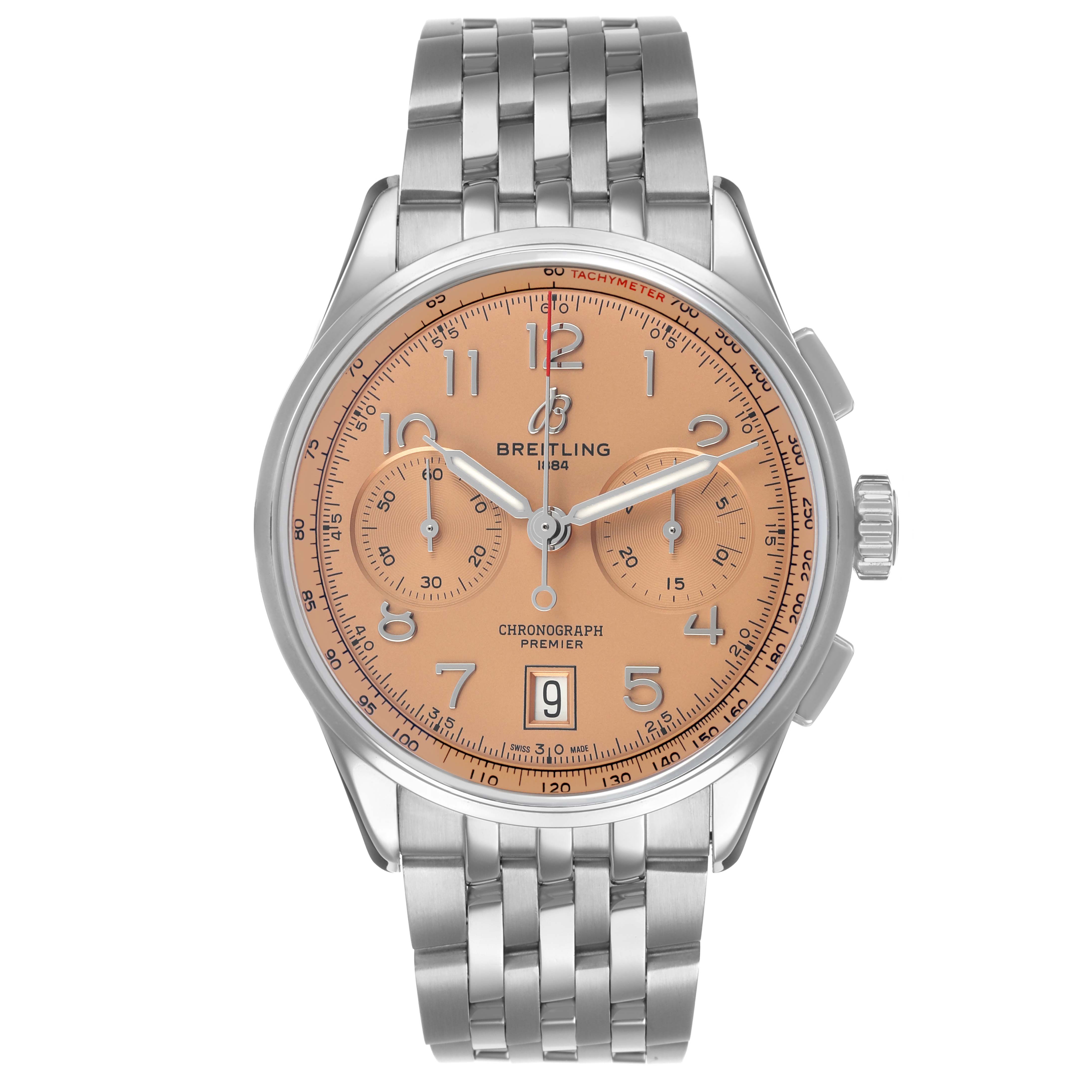 The Breitling Premier AB0145 Men's Stainless Steel Orange Dial watch is shown from the front, displaying the face, bracelet, crown, and chronograph buttons.