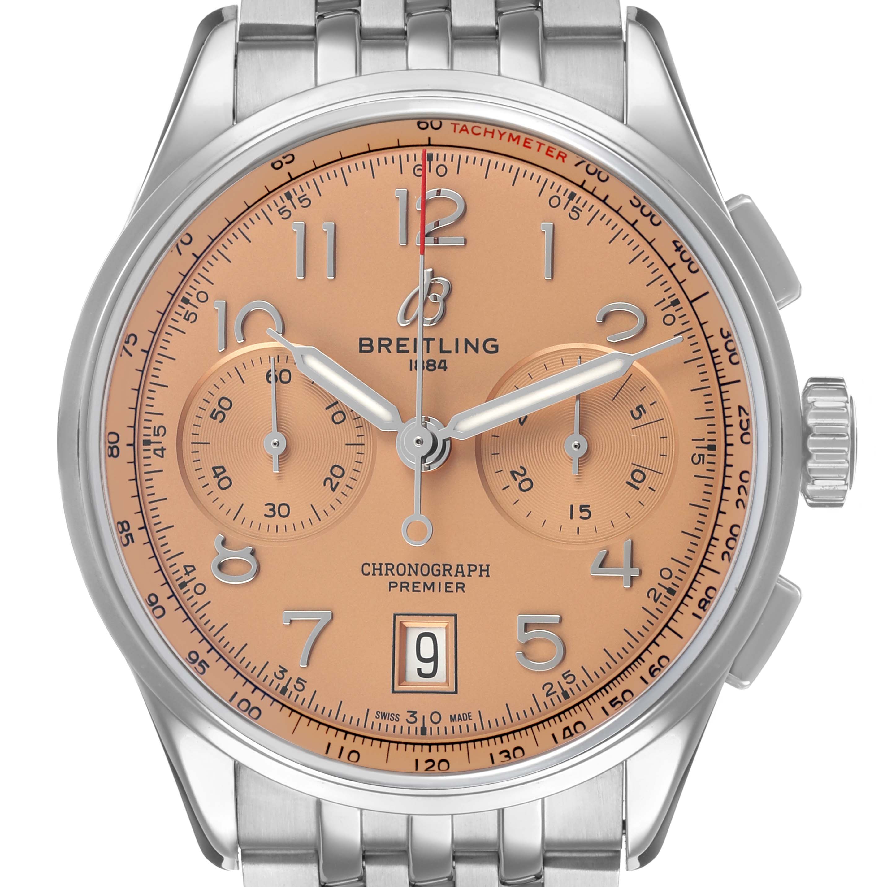 The Breitling Premier AB0145 Men's Stainless Steel Orange Dial watch is shown from the front, displaying its dial, subdials, date window, and part of the bracelet.