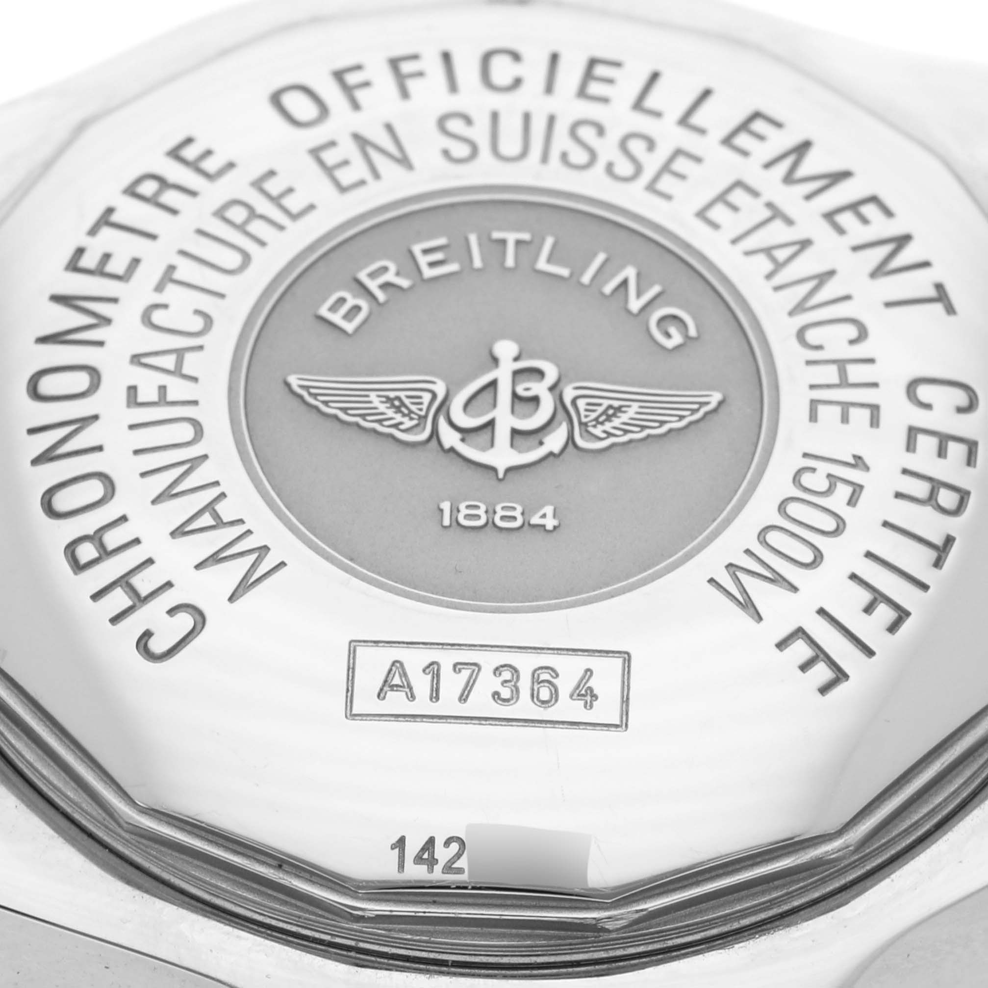 The image shows the back of a Breitling Superocean A17364 Men's Stainless Steel Black Dial A17364 Men's Stainless Steel Black Dial watch with engraved details and logos.