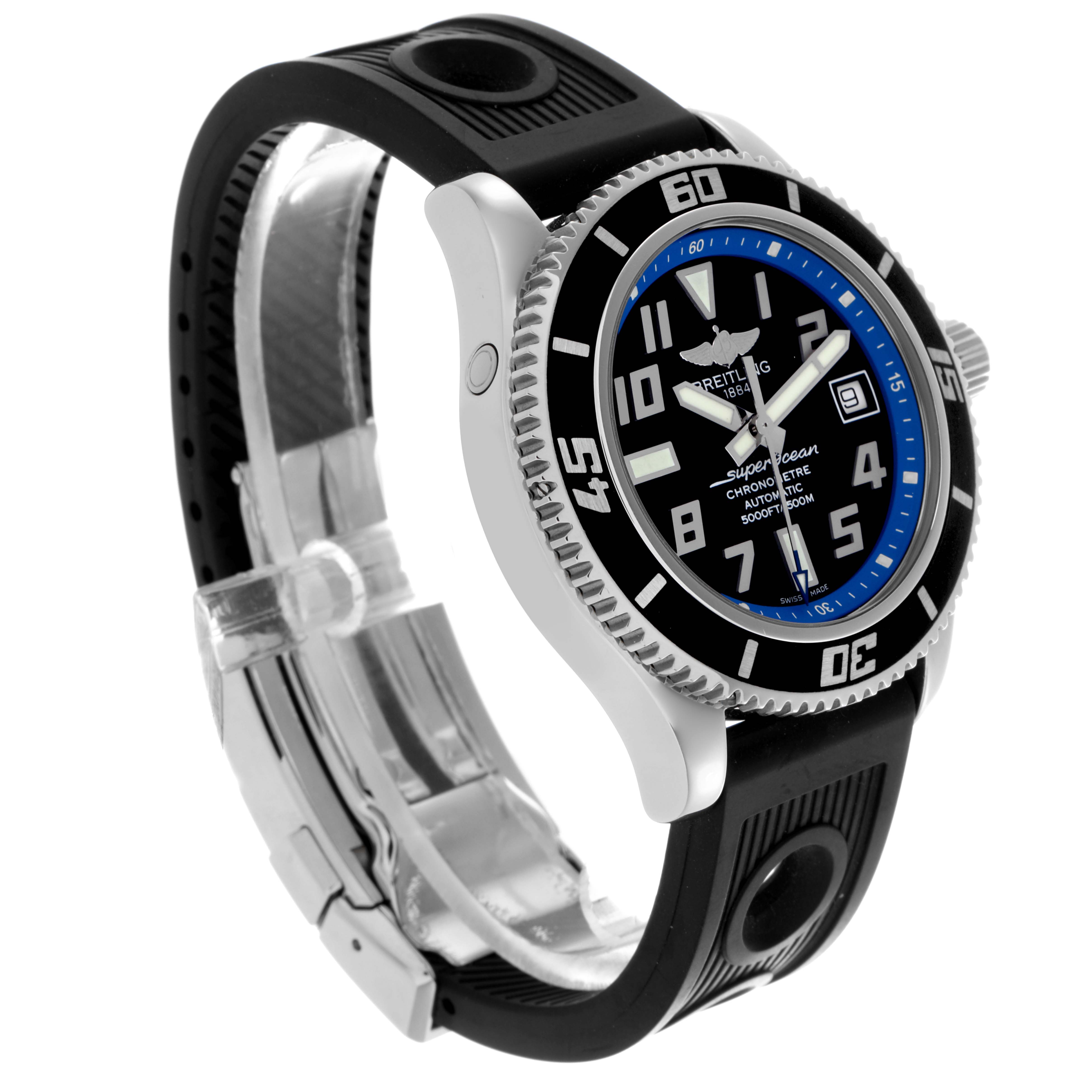 The Breitling Superocean A17364 Men's Stainless Steel Black Dial A17364 Men's Stainless Steel Black Dial watch is shown at an angle showcasing the face, bezel, and black rubber strap.