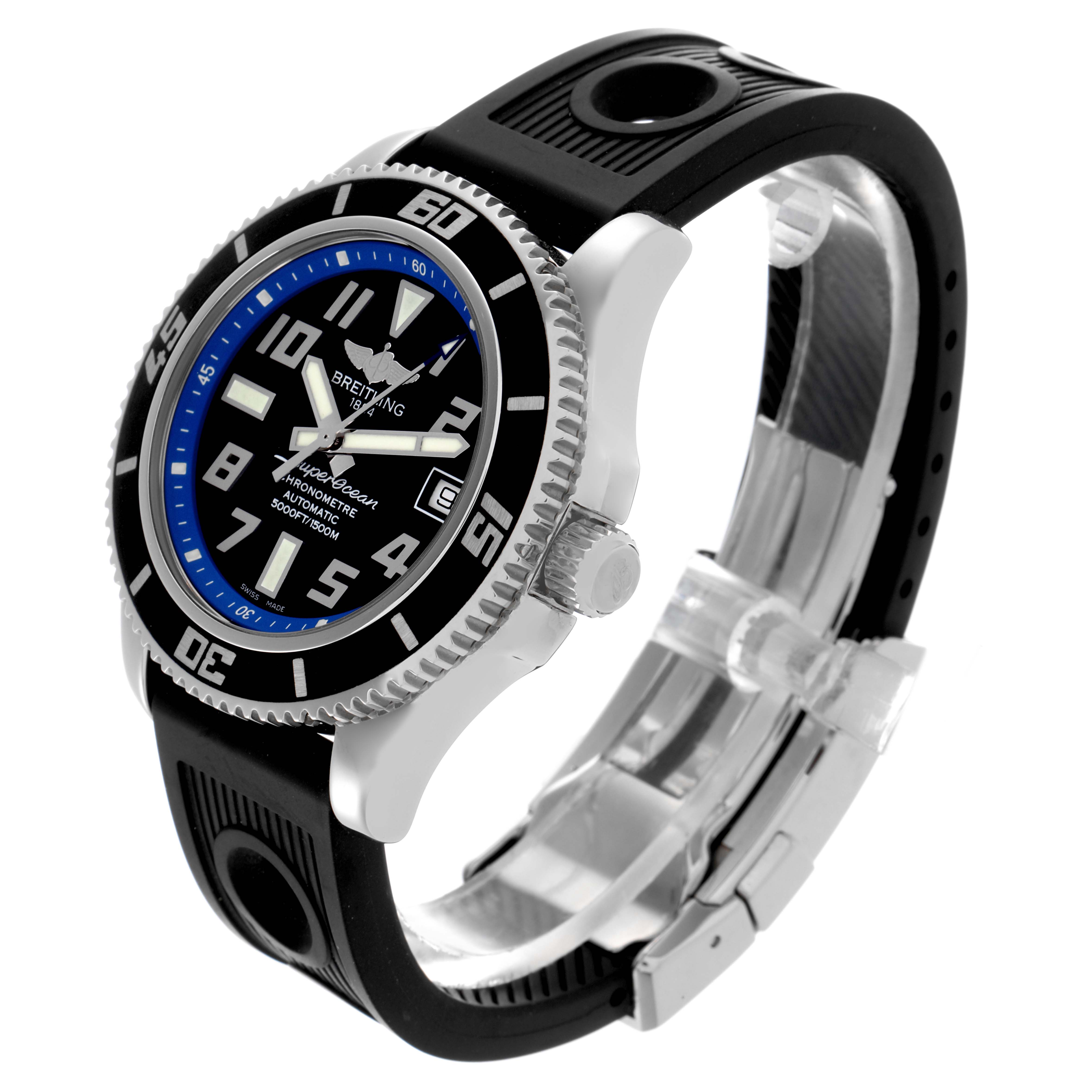 The Breitling Superocean A17364 Men's Stainless Steel Black Dial A17364 Men's Stainless Steel Black Dial watch is shown in a side angle displaying the face, bezel, crown, and part of the strap.