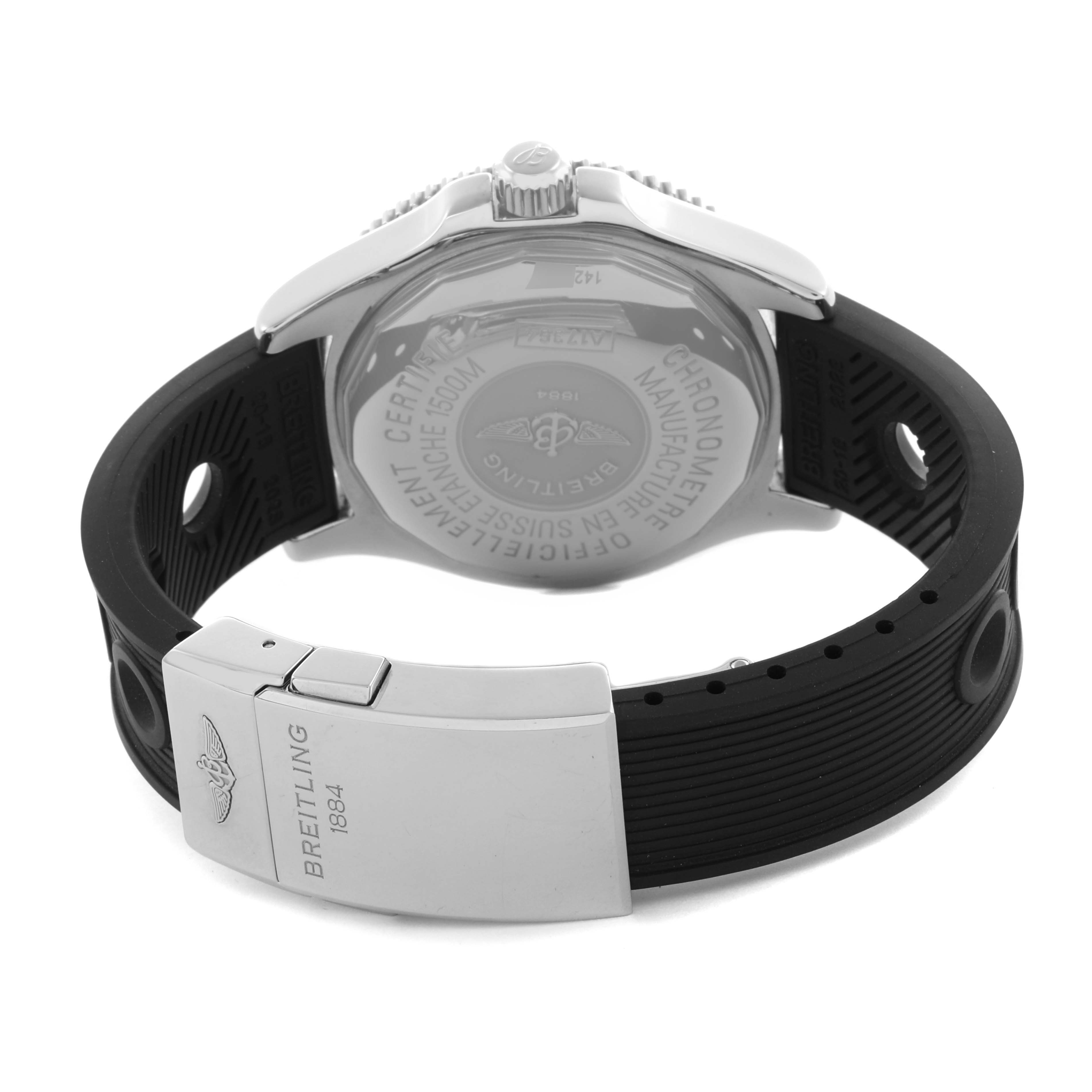 The image shows the back of the Breitling Superocean A17364 Men's Stainless Steel Black Dial A17364 Men's Stainless Steel Black Dial watch, displaying the case back and the clasp of the black rubber strap.