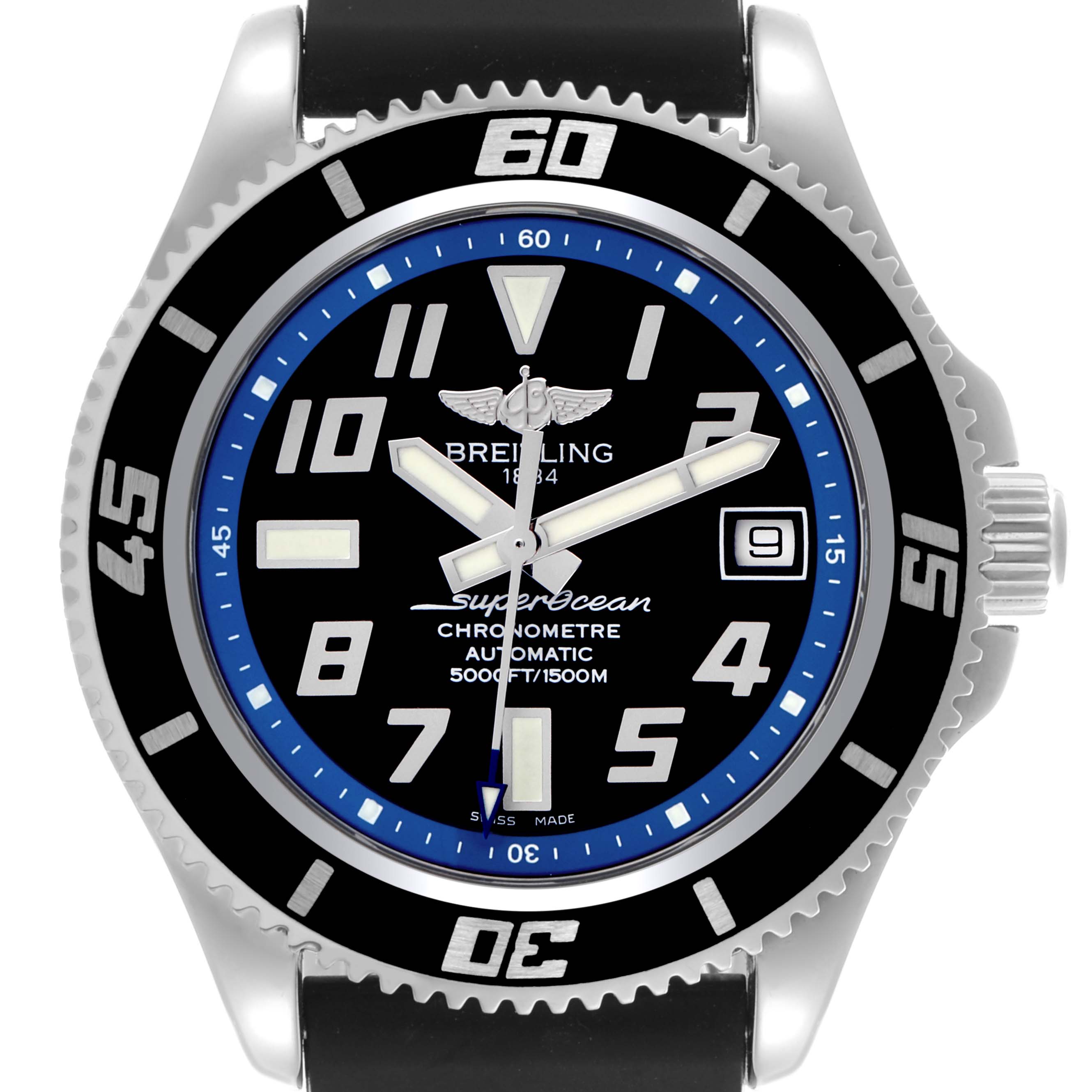 The Breitling Superocean A17364 Men's Stainless Steel Black Dial A17364 Men's Stainless Steel Black Dial watch is shown from a front angle, displaying the face, bezel, and crown.