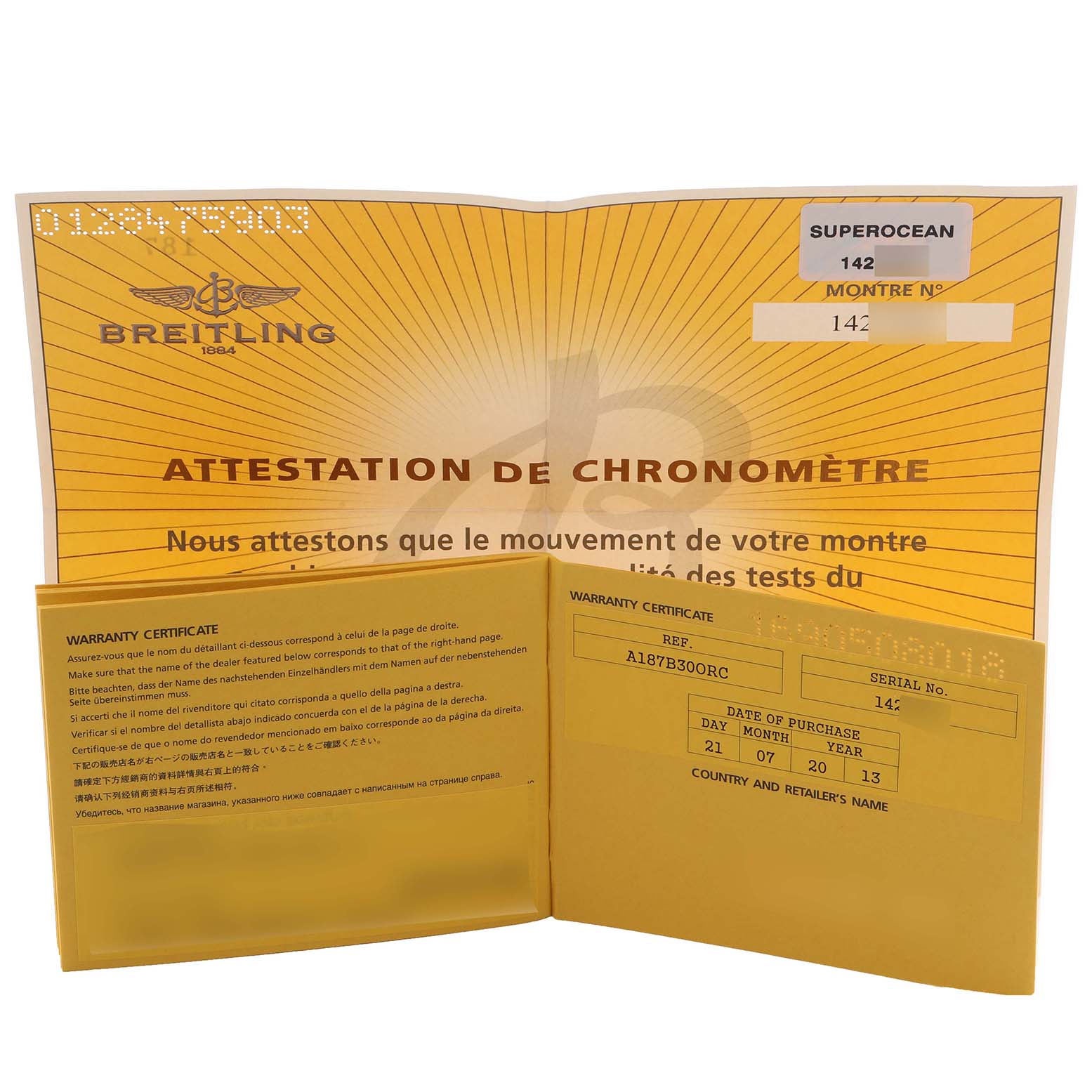 The image shows warranty and chronometer certification documents for a Breitling Superocean A17364 Men's Stainless Steel Black Dial A17364 Men's Stainless Steel Black Dial watch.