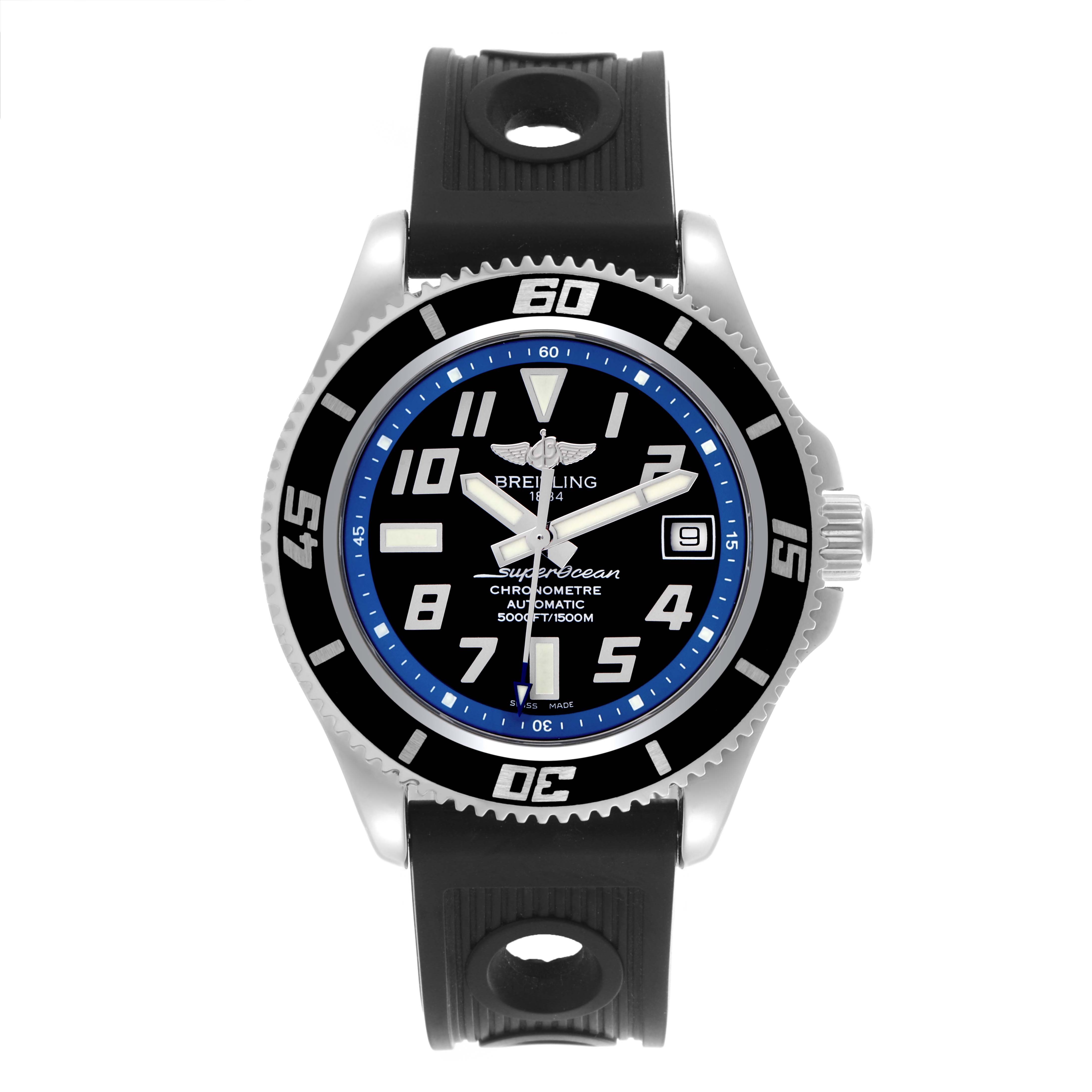 The Breitling Superocean A17364 Men's Stainless Steel Black Dial A17364 Men's Stainless Steel Black Dial watch is shown from the front, displaying the dial, bezel, and rubber strap.