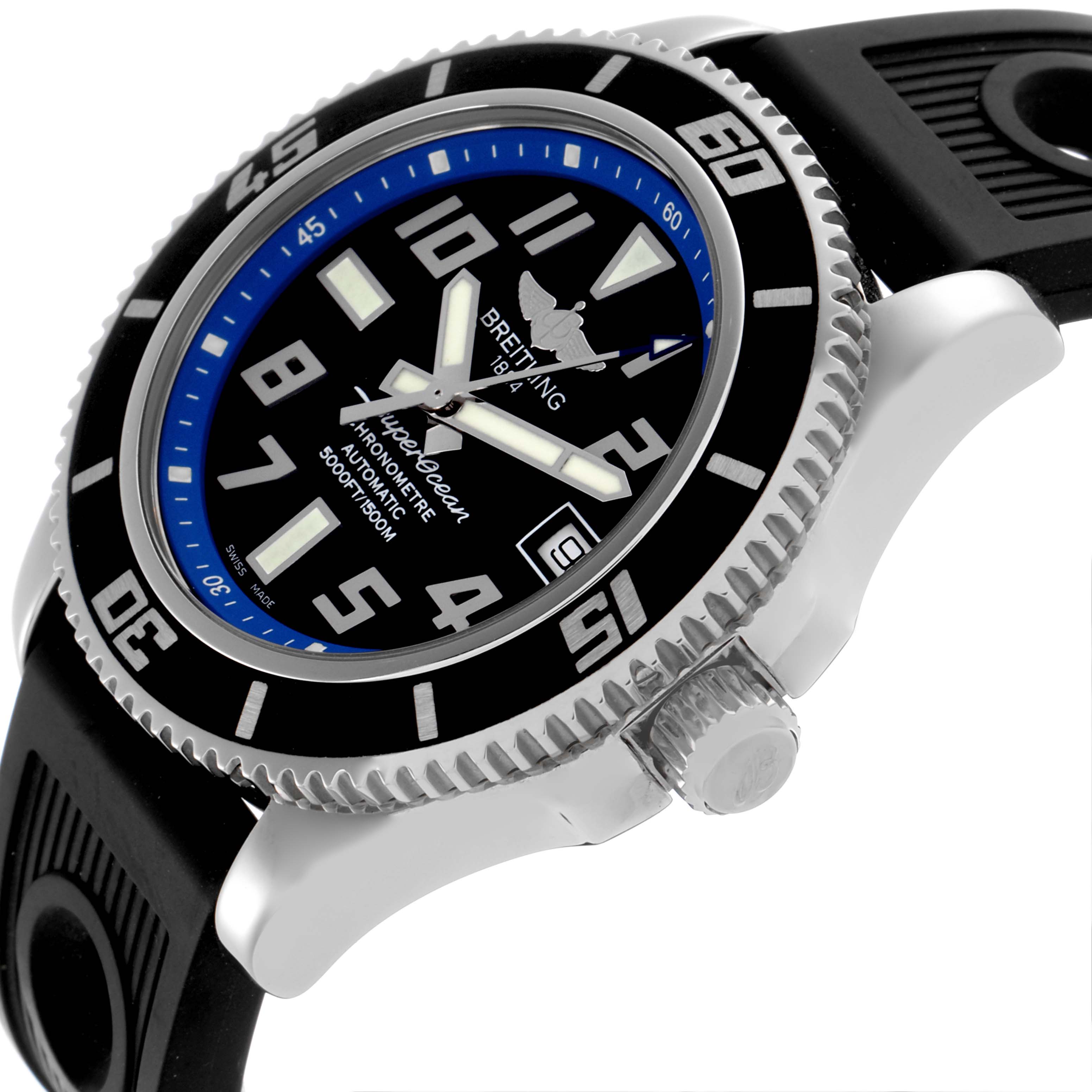 The Breitling Superocean A17364 Men's Stainless Steel Black Dial A17364 Men's Stainless Steel Black Dial watch is shown at an angled side view, revealing the black bezel, dial, crown, and black strap.