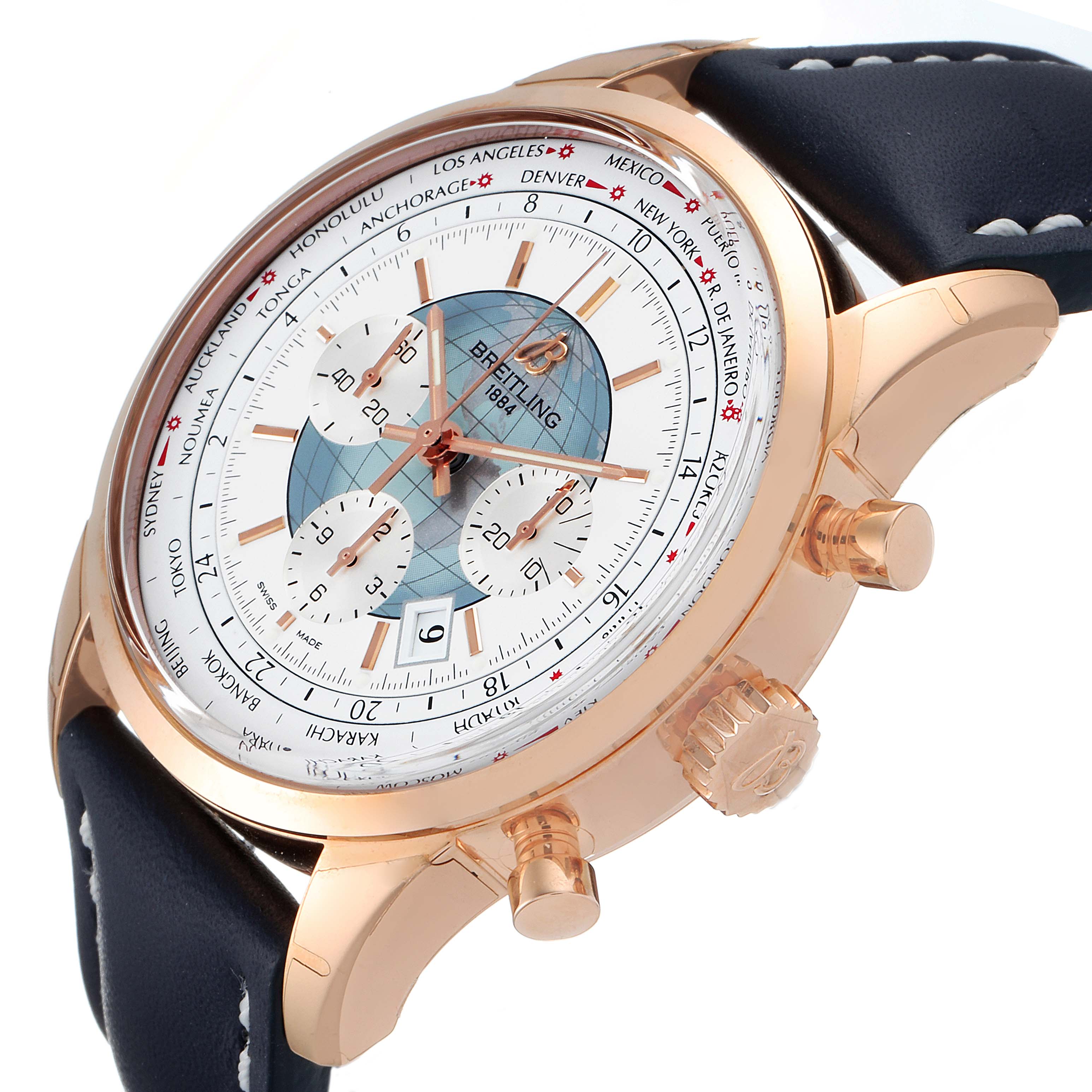 This image shows a close-up angled view of the Breitling Transocean RB0510U4-BB63BKLD Men's Rose Gold White Dial RB0510U4-BB63BKLD Men's Rose Gold White Dial watch, highlighting its face, crown, and chronograph pushers.