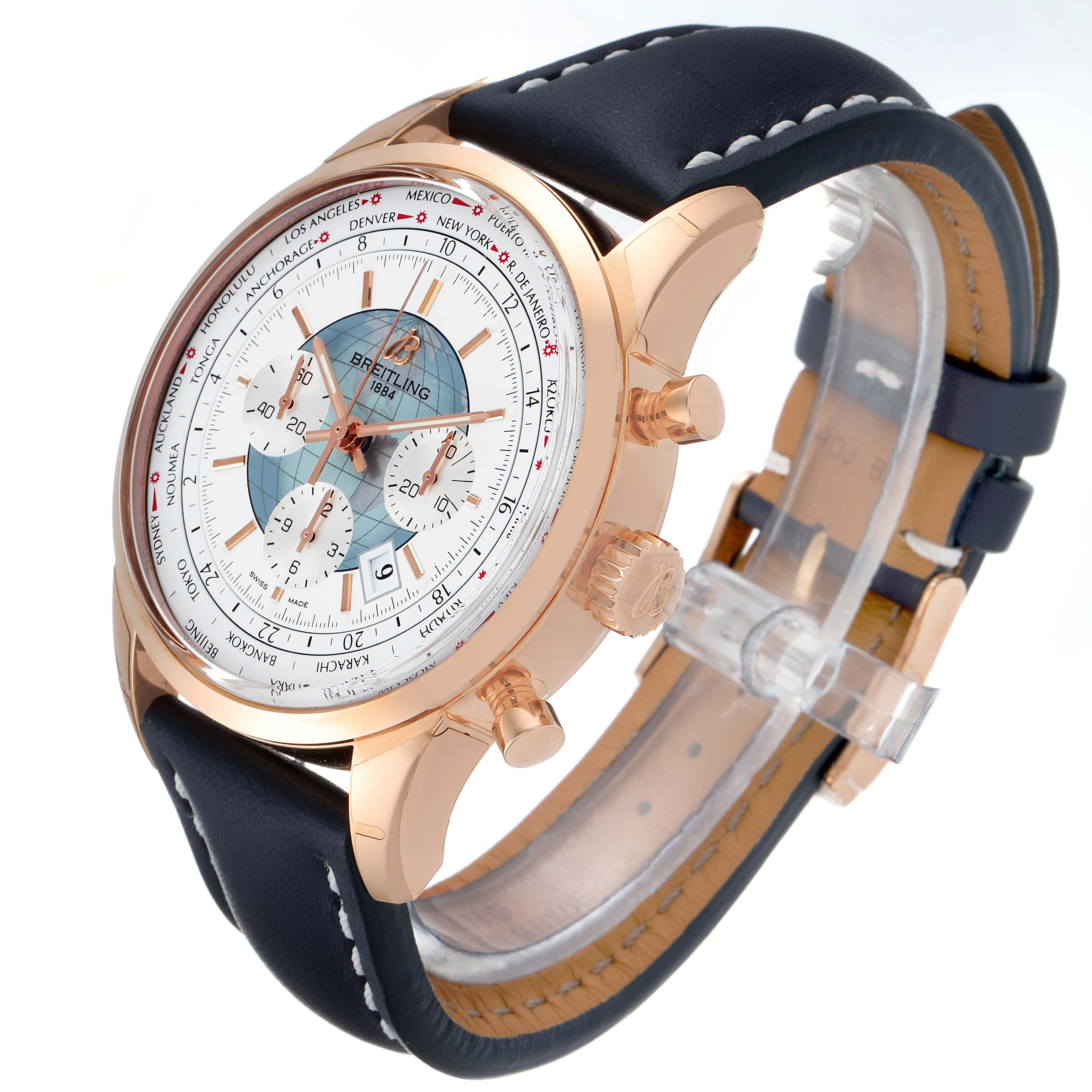 The Breitling Transocean RB0510U4-BB63BKLD Men's Rose Gold White Dial RB0510U4-BB63BKLD Men's Rose Gold White Dial watch is shown at a three-quarter angle, displaying its face, bezel, crown, pushers, and leather strap.
