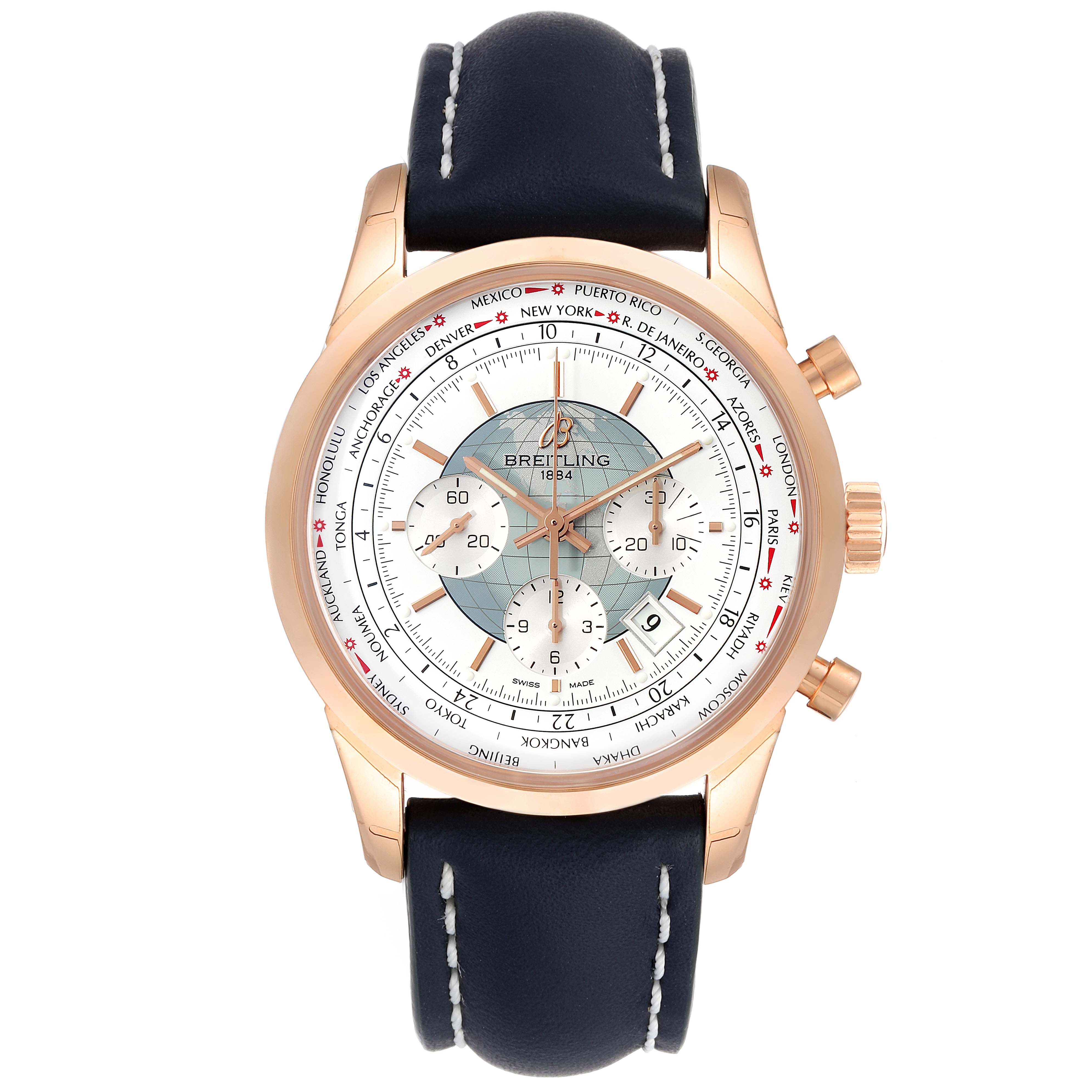 The image shows a frontal view of the Breitling Transocean RB0510U4-BB63BKLD Men's Rose Gold White Dial RB0510U4-BB63BKLD Men's Rose Gold White Dial watch, highlighting the dial, bezel, crown, and strap.