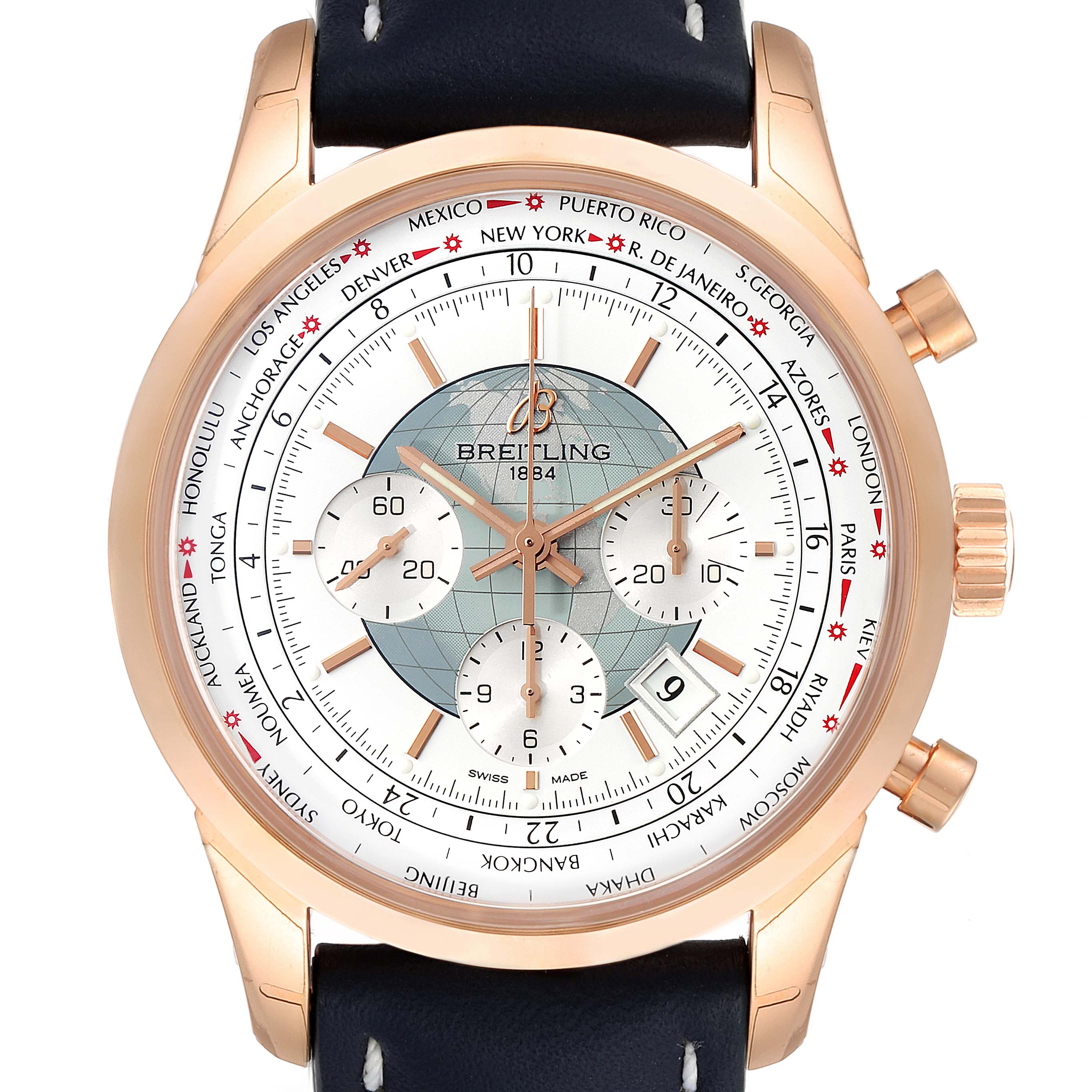 This is a front view of the Breitling Transocean RB0510U4-BB63BKLD Men's Rose Gold White Dial RB0510U4-BB63BKLD Men's Rose Gold White Dial watch, showing the dial, bezel, crown, and leather strap.