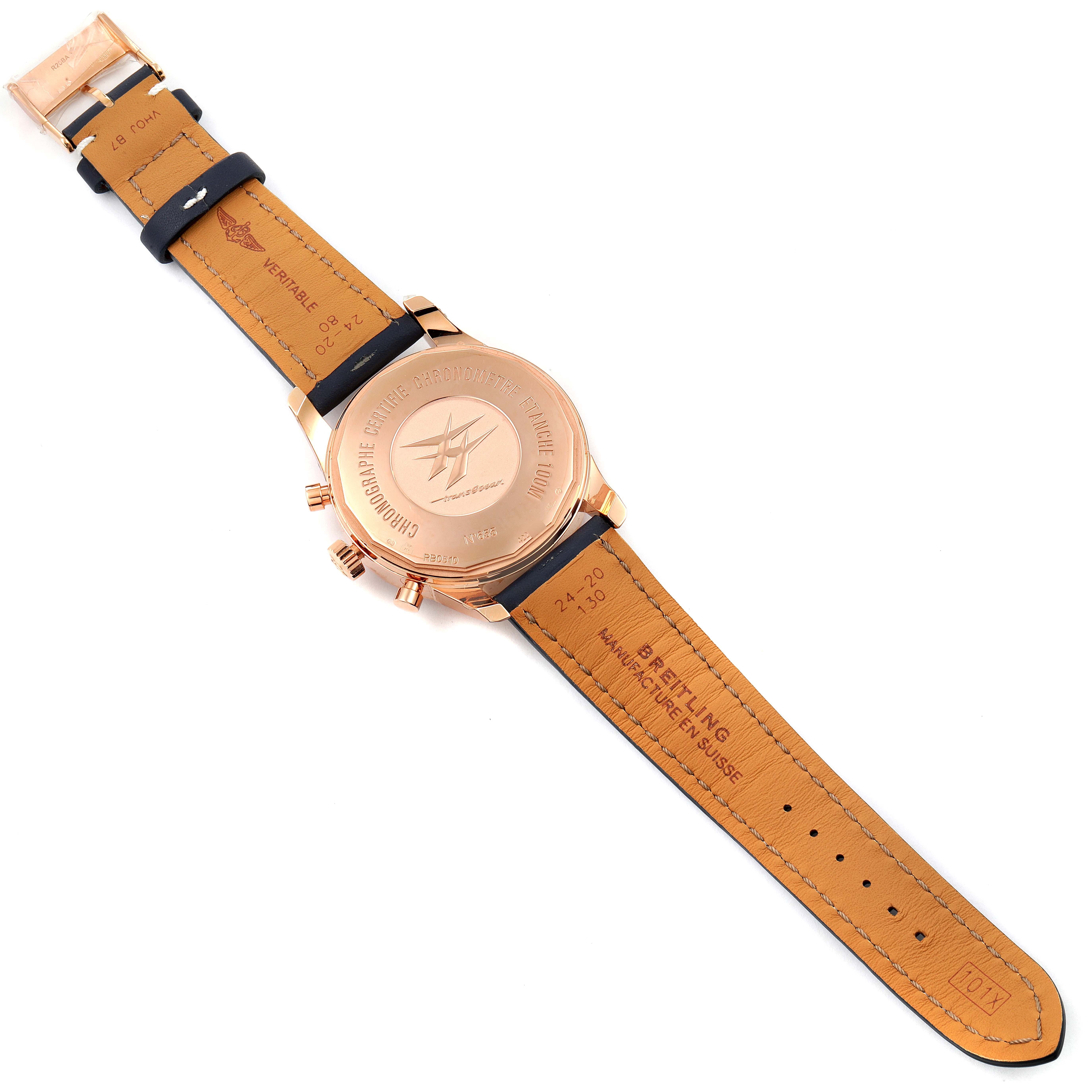 The image shows the back view of a Breitling Transocean RB0510U4-BB63BKLD Men's Rose Gold White Dial RB0510U4-BB63BKLD Men's Rose Gold White Dial watch, highlighting the strap and case back.