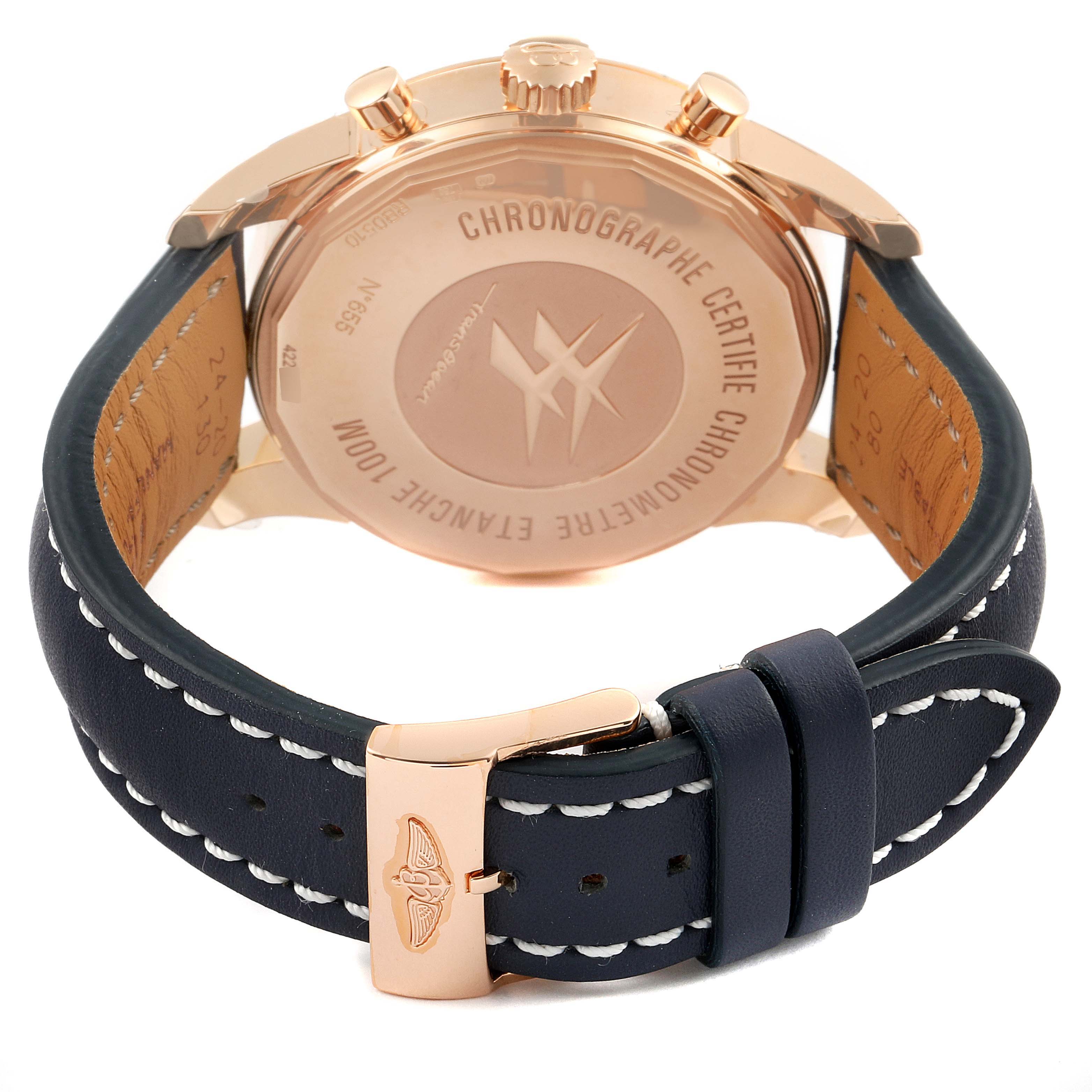 This image shows the back view of a Breitling Transocean RB0510U4-BB63BKLD Men's Rose Gold White Dial RB0510U4-BB63BKLD Men's Rose Gold White Dial watch, focusing on the case and leather strap with stitching.