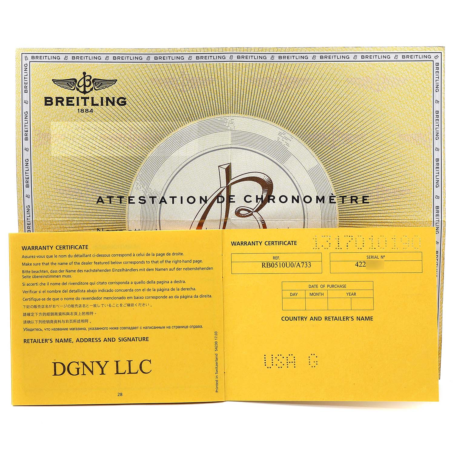 The image shows a warranty certificate and chronometer attestation for the Breitling Transocean RB0510U4-BB63BKLD Men's Rose Gold White Dial RB0510U4-BB63BKLD Men's Rose Gold White Dial model.