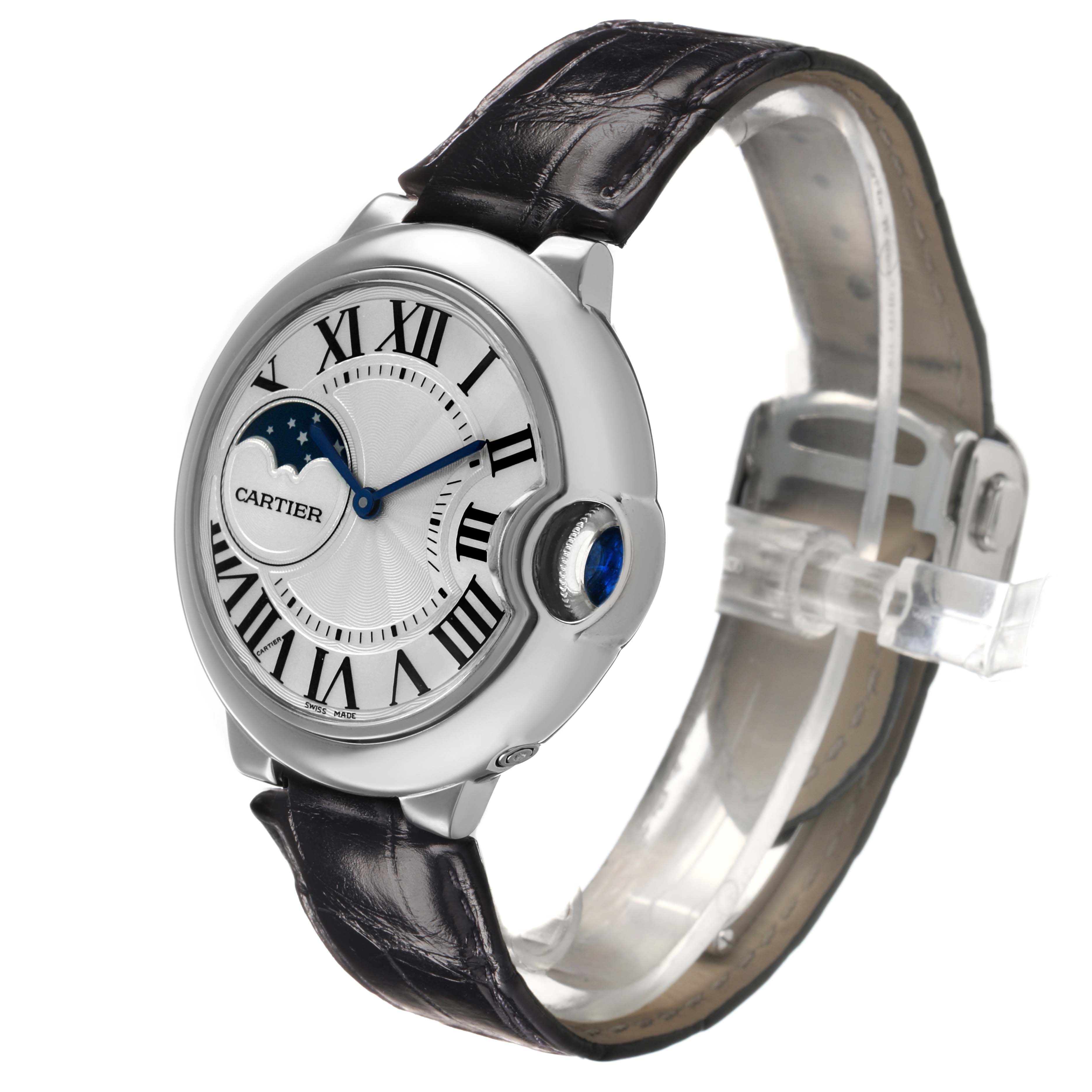 The Cartier Ballon Bleu WSBB0029 Men's Stainless Steel Silver Dial watch is shown at a three-quarter angle, highlighting the front dial, crown, and strap.
