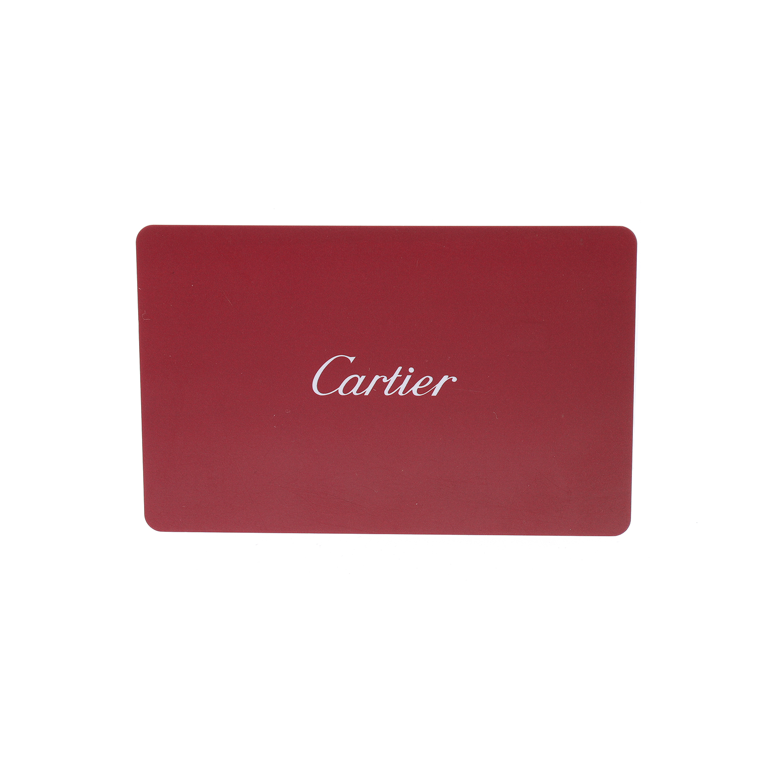 The image shows a red Cartier card, likely an accessory for the Ballon Bleu model by Cartier.